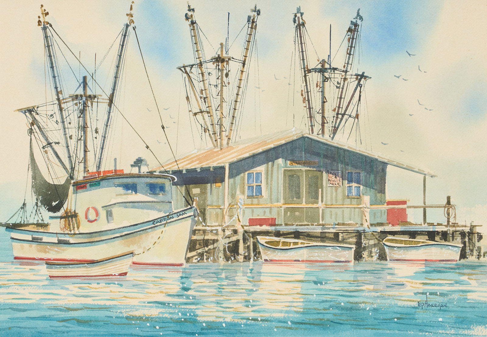 Rip Harrison, Shrimpers: Rip Harrison(Texas, 20th-21st C.), view of shrimpers with bait shop, watercolor on artist paper, signed lower rightsight: 14 x 20 in., frame: 25 x 31 in.Provenance: Property from a Rockport, Texas