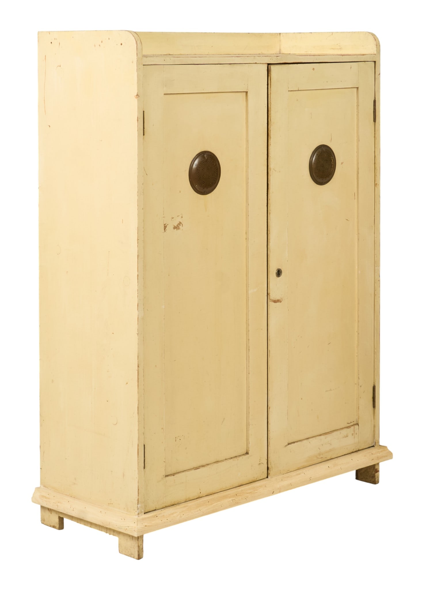 Rustic Safe: Rustic safe with pair of doors with metal vents, interior shelving, and distressed yellow paintheight 55 in. x width 39.5 in. x width 16.5 in. 