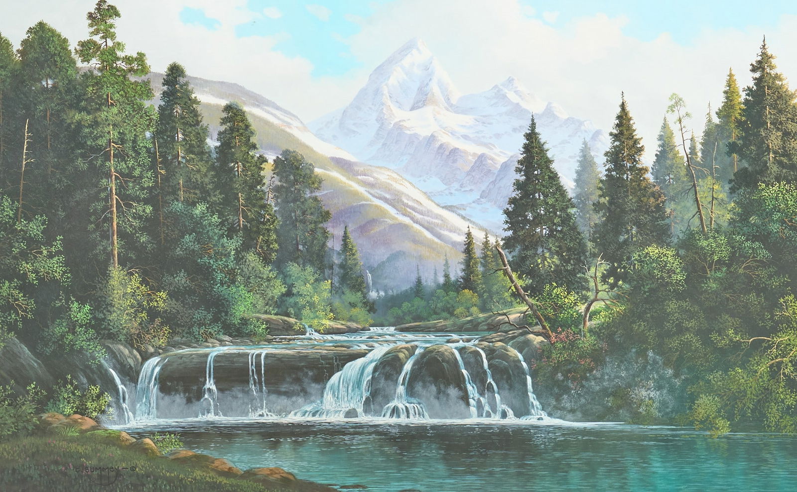 Charles Summey, "Mountain Cascade": Charles C. Summey (Arkansas / Missouri, b. 1936), "Mountain Cascade", oil on canvas, signed lower leftsight: 30 x 48 in., frame: 44 x 62 in.Provenance: Property deaccessioned from a