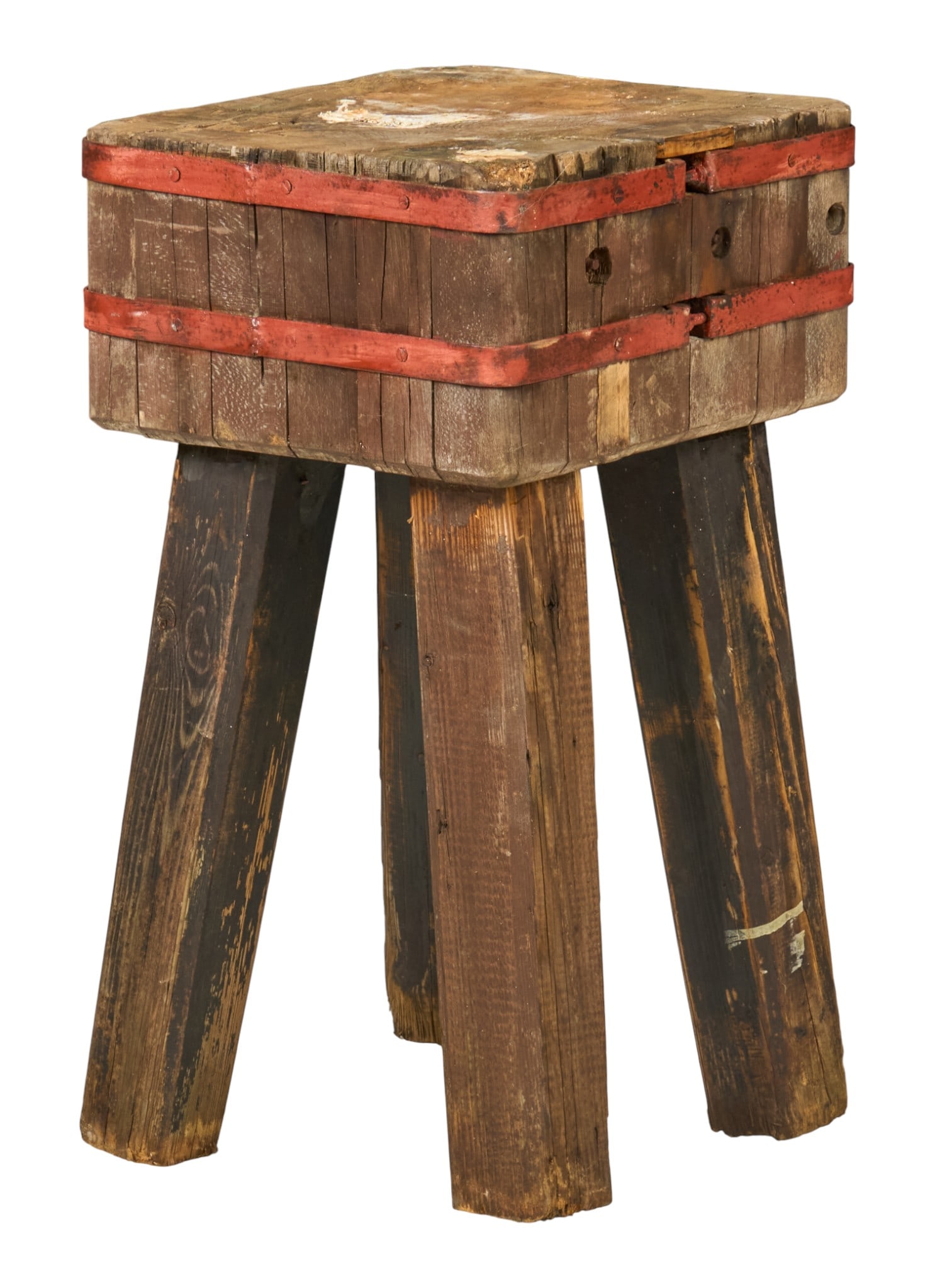 Rustic Butcher's Block: Rustic butcher block supported on splayed legs height 31 in. x width 17 in. x depth 17 in. 