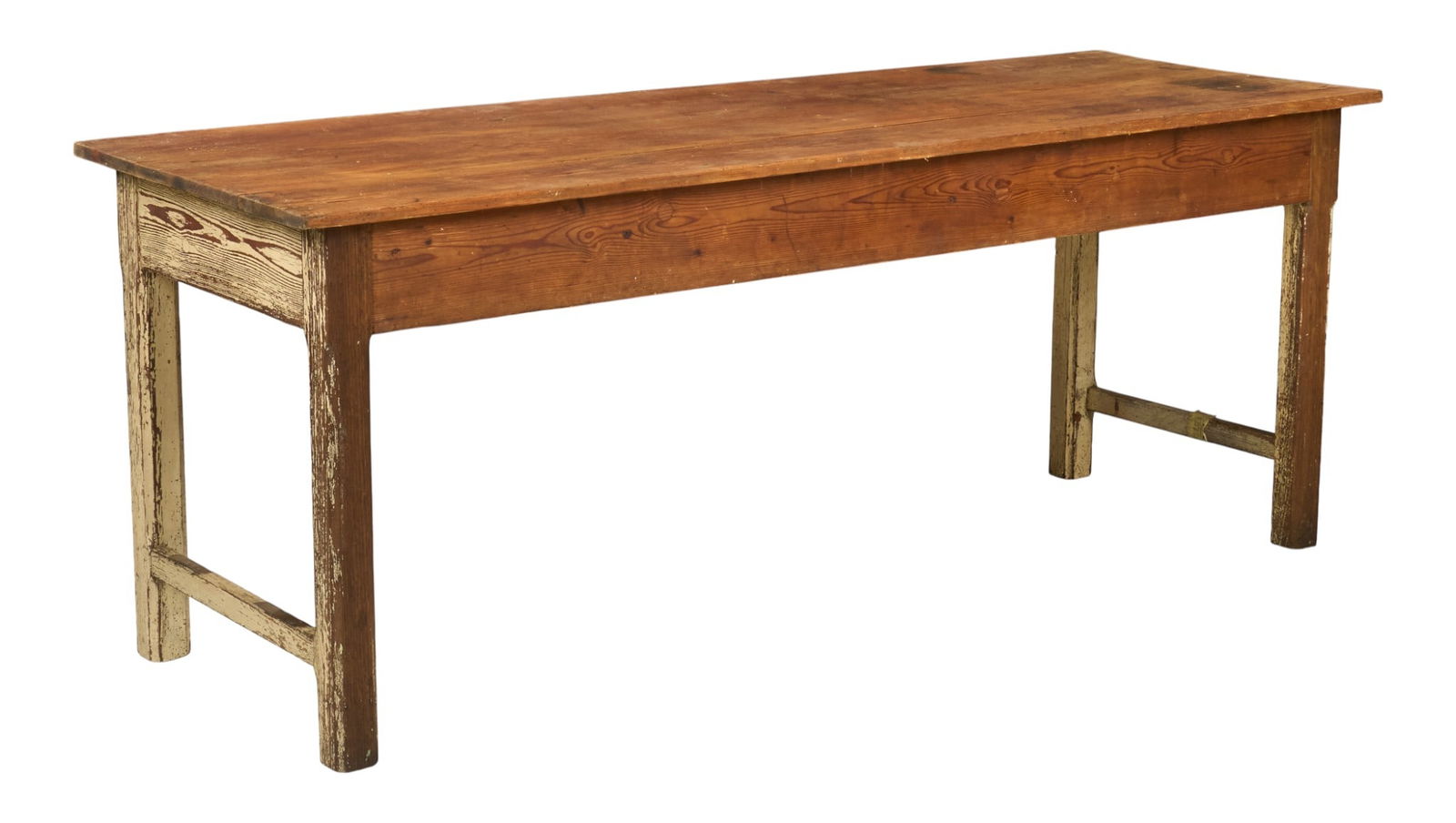 Rustic Serving Table: Rustic serving table with oversize top, supported on block legs with distressed white paint finishheight 30.5 in. x width 78 in. x depth 26 in. 