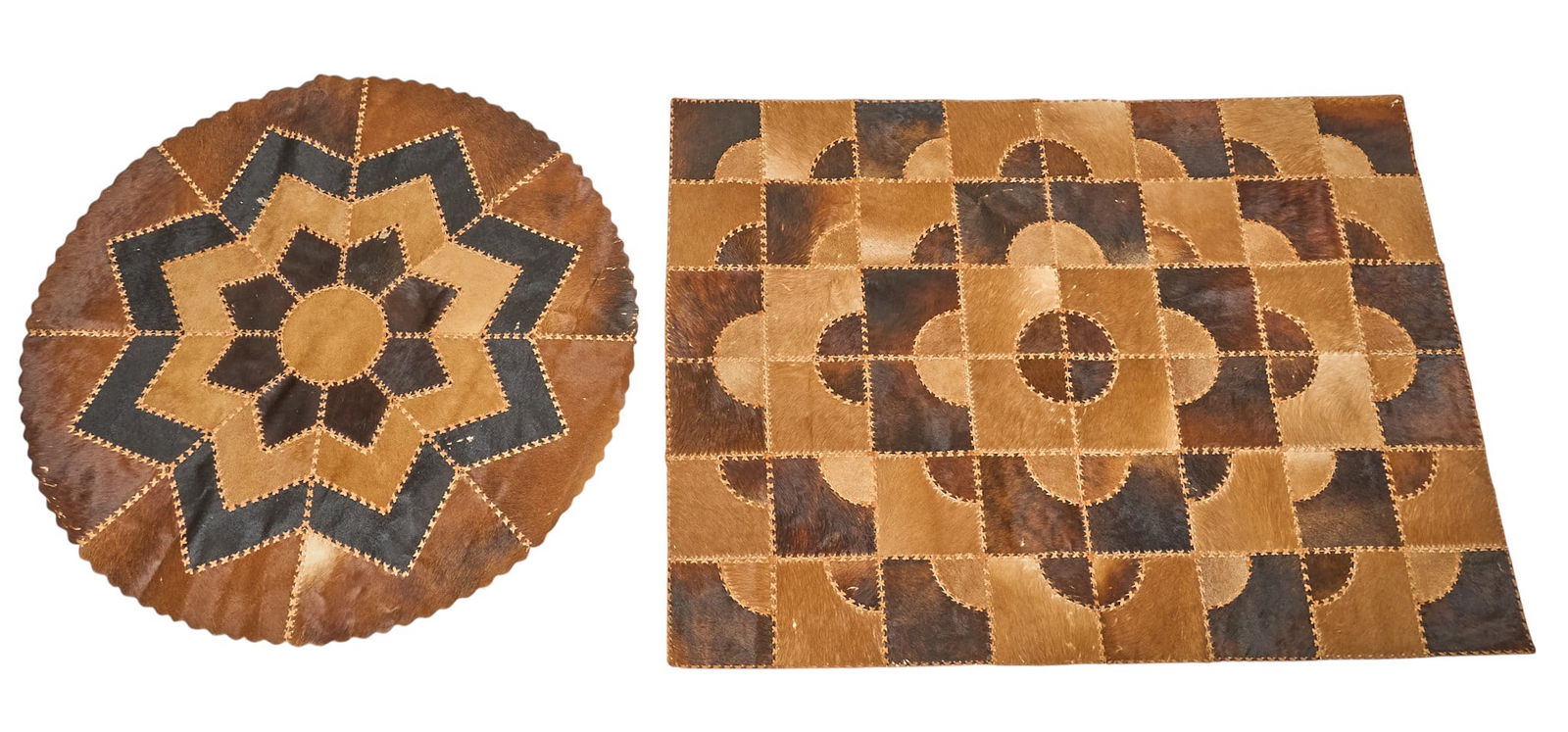 (2) Cowhide Rugs, 4 ft x 4 ft: Set of two stitched hair on cowhide mosaic rugs4 ft x 4 ft / largestProvenance: Property from a home in Houston, Texas