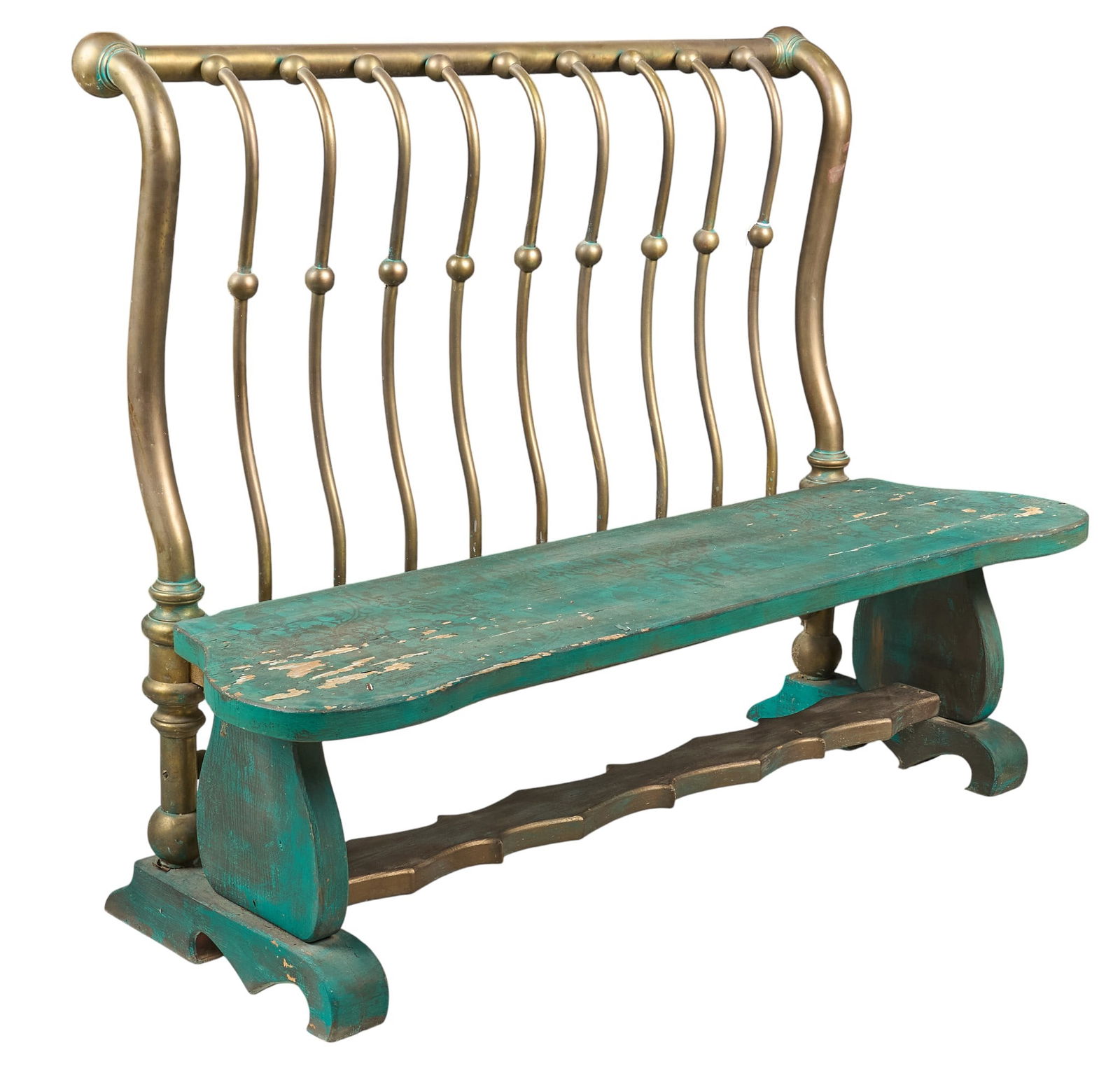 Brass Bed Bench: Custom-made bench with painted wooden seat, and repurposed brass foot board for backrest height 48.5 in.x width 63 in. x width 27 in. Provenance: Property from a home in Comfort, Texas