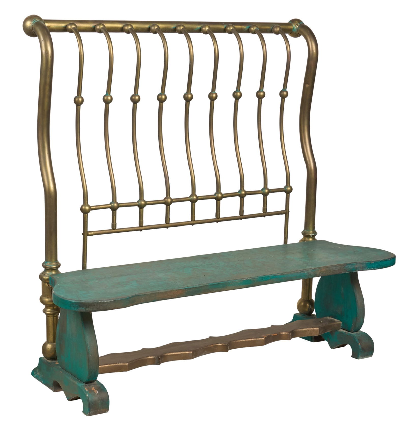 Brass Bed Bench: Custom-made bench with painted wooden seat, and repurposed brass headboard for backrest height 58.5 in.x width 63 in. x width 27 in. Provenance: Property from a home in Comfort, Texas
