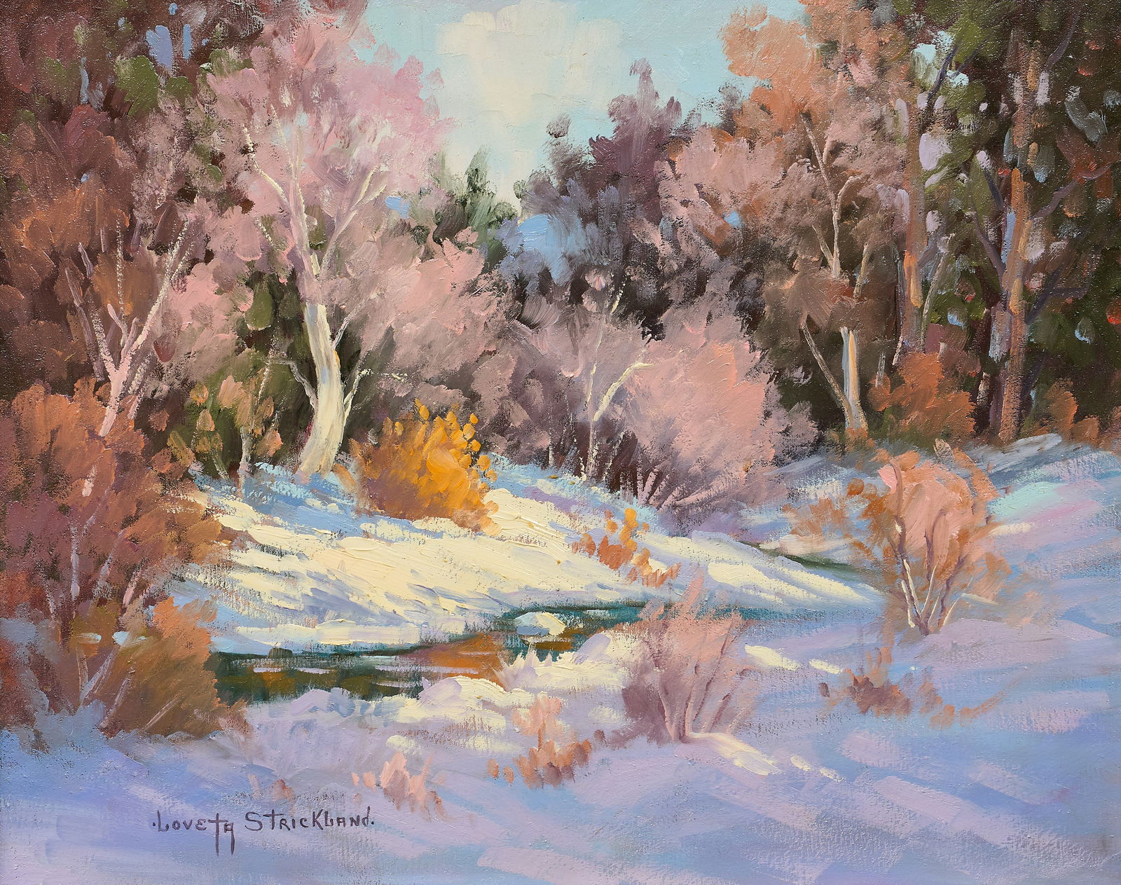 Loveta Strickland, Snowy Landscape: Loveta Strickland (Texas, 1924-2025), winding creek in snowy woods, oil on panel, signed lower leftsight: 16 x 20 in., frame: 21.5 x 25.5 in.Provenance: Property from a home in Little River,