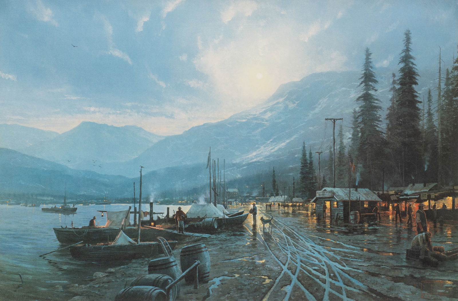 Thomas Kinkade, "Dawson": Thomas Kinkade (California, 1958-2012), "Dawson: The Yukon River with Gold Seekers Landing by Moonlight in 1898", limited edition lithograph, signed lower right and numbered lower left, ed.