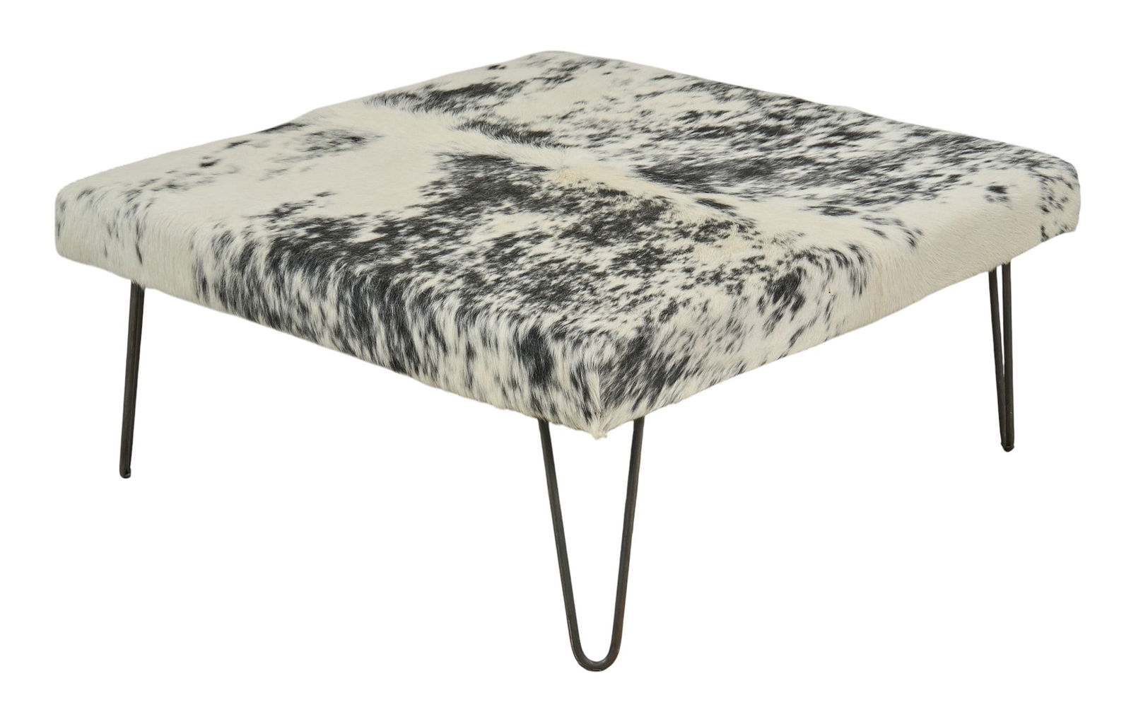Speckled Hair on Hide Ottoman: Ranch style ottoman with black and white cowhair on hide upholstery on cushioned top, supported on metal legsheight 16 in. x width 36 in. x depth 36 in. Provenance: Property frm a home in San