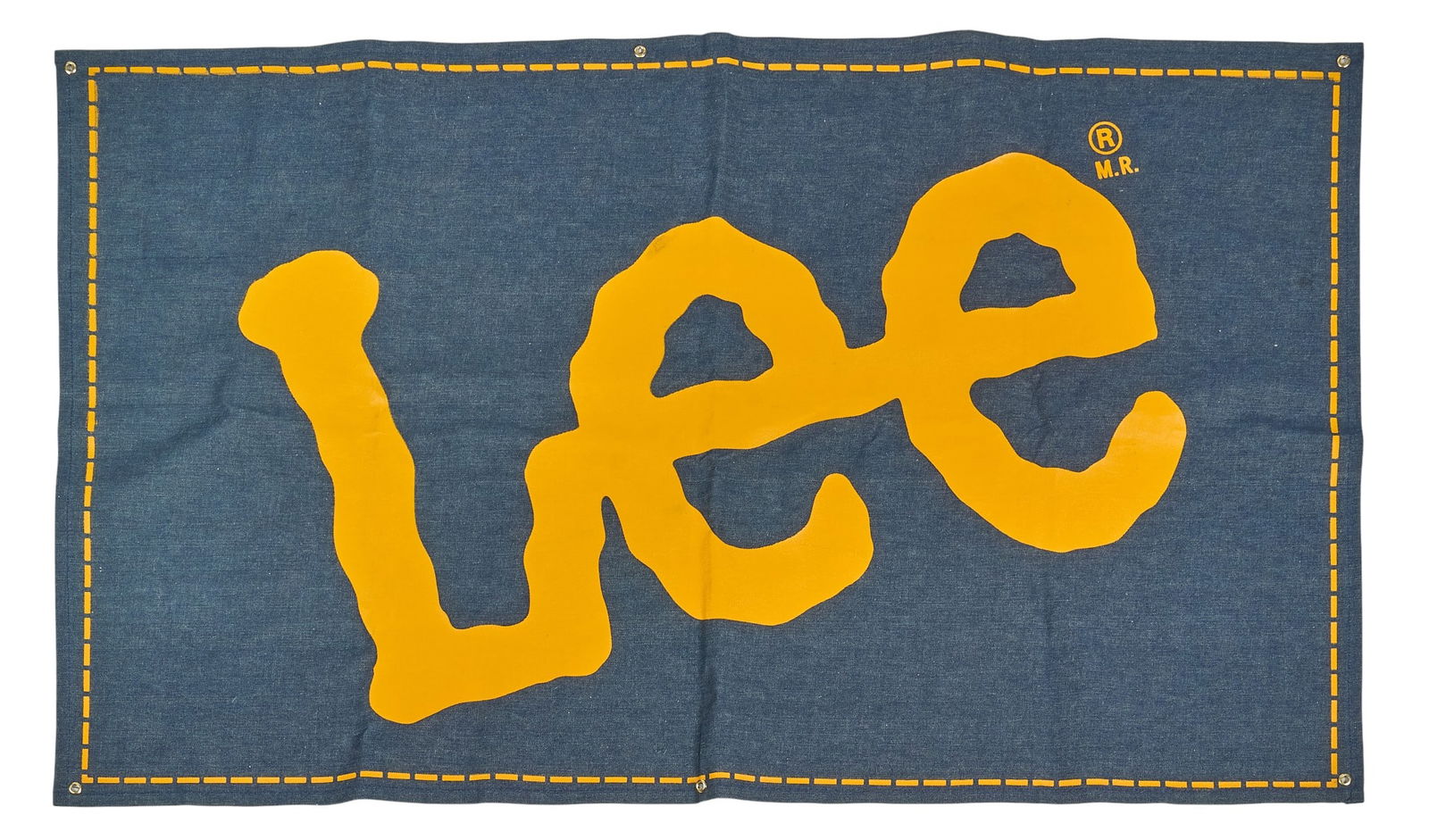 Lee Denim Banner: Single-sided denim banner for American jean brand Lee 3 ft. 1 in. x width 5 ft. 2 in. Provenance: Property from a New Braunfels, Texas collector of vintage signage 