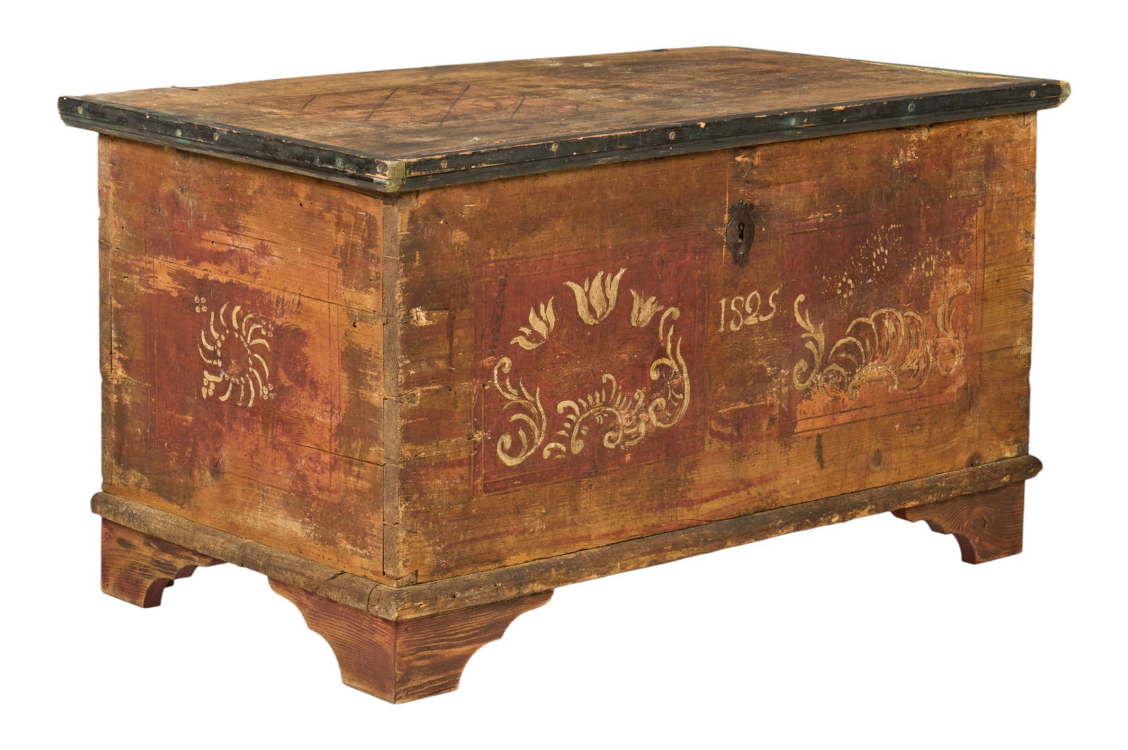 Painted Wedding Chest: Painted wedding chest with distressed finish, and hand-painted decoration height 25.5 in. x width 47.5 in. x depth 26 in. 