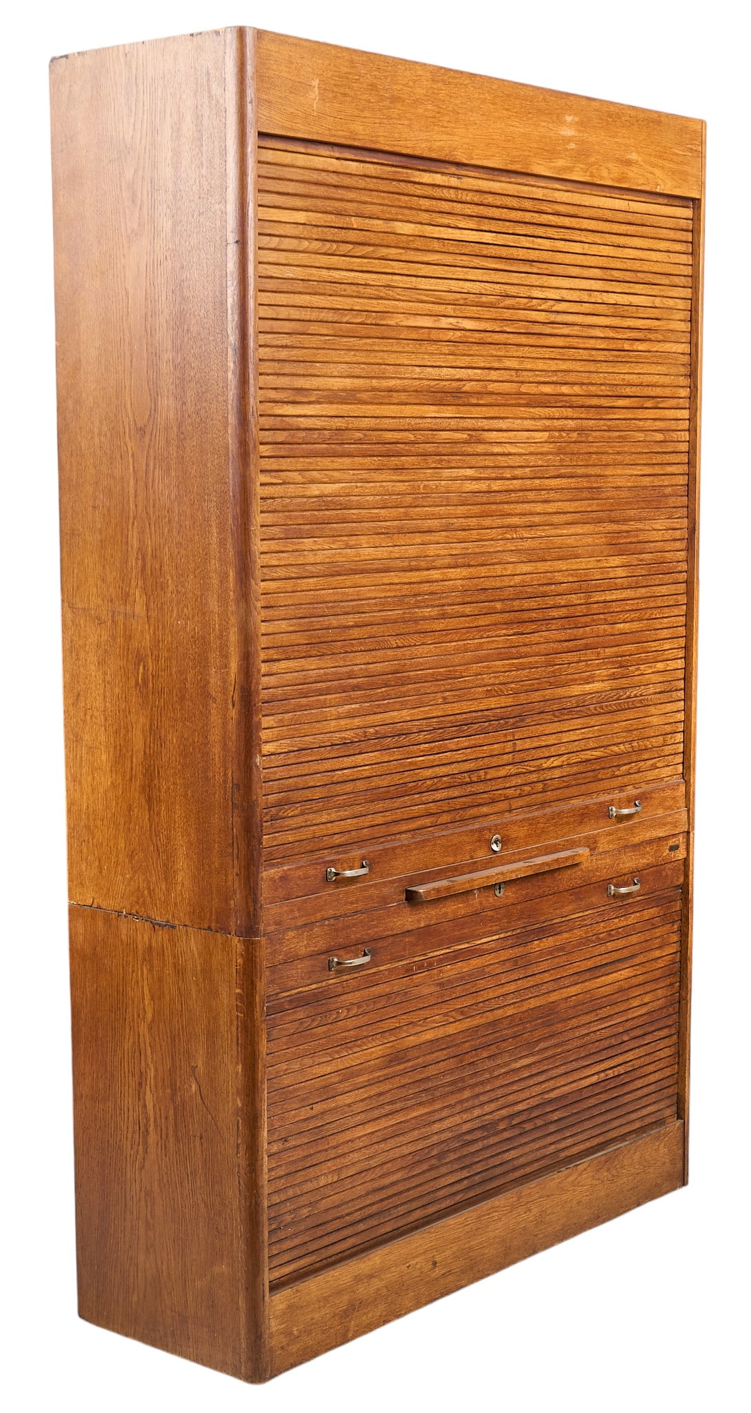 Vintage Tambour Cabinet: Large vintage tambour cabinet with two section of storageheight 79 in. x width 48 in. x depth 16 in. Provenance: Property from a home in Comfort, Texas