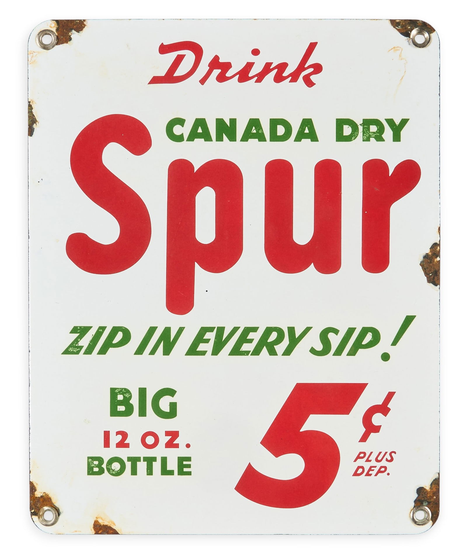 Vintage Canada Dry Spur Sign: Vintage single-sided porcelain on metal sign for Canada Dry Spurheight 10 in. x width 8 in. Provenance: Property from a home in Azle, Texas