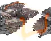 Vintage Leather Chair: Vintage armchair with brown leather upholstery, and scrolled armrests height 37 in. x width 44 in. x width 38 in. Provenance: Property from a home in Comfort, Texas