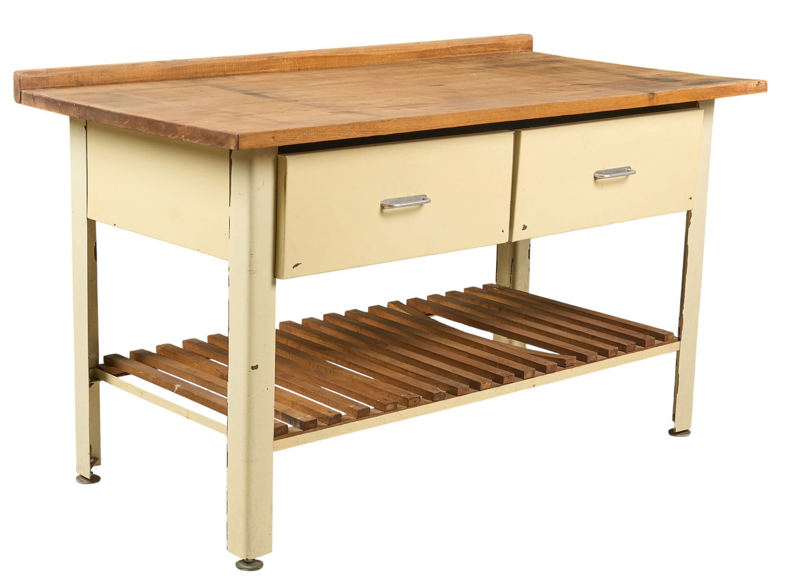 Industrial Work Bench: Industrial work bench with wooden top, painted metal frame, two drawers, and a slatted lower shelfheight 35 in. x width 59 in. x depth 30 in. Provenance: Property from a home in Comfort, Texas