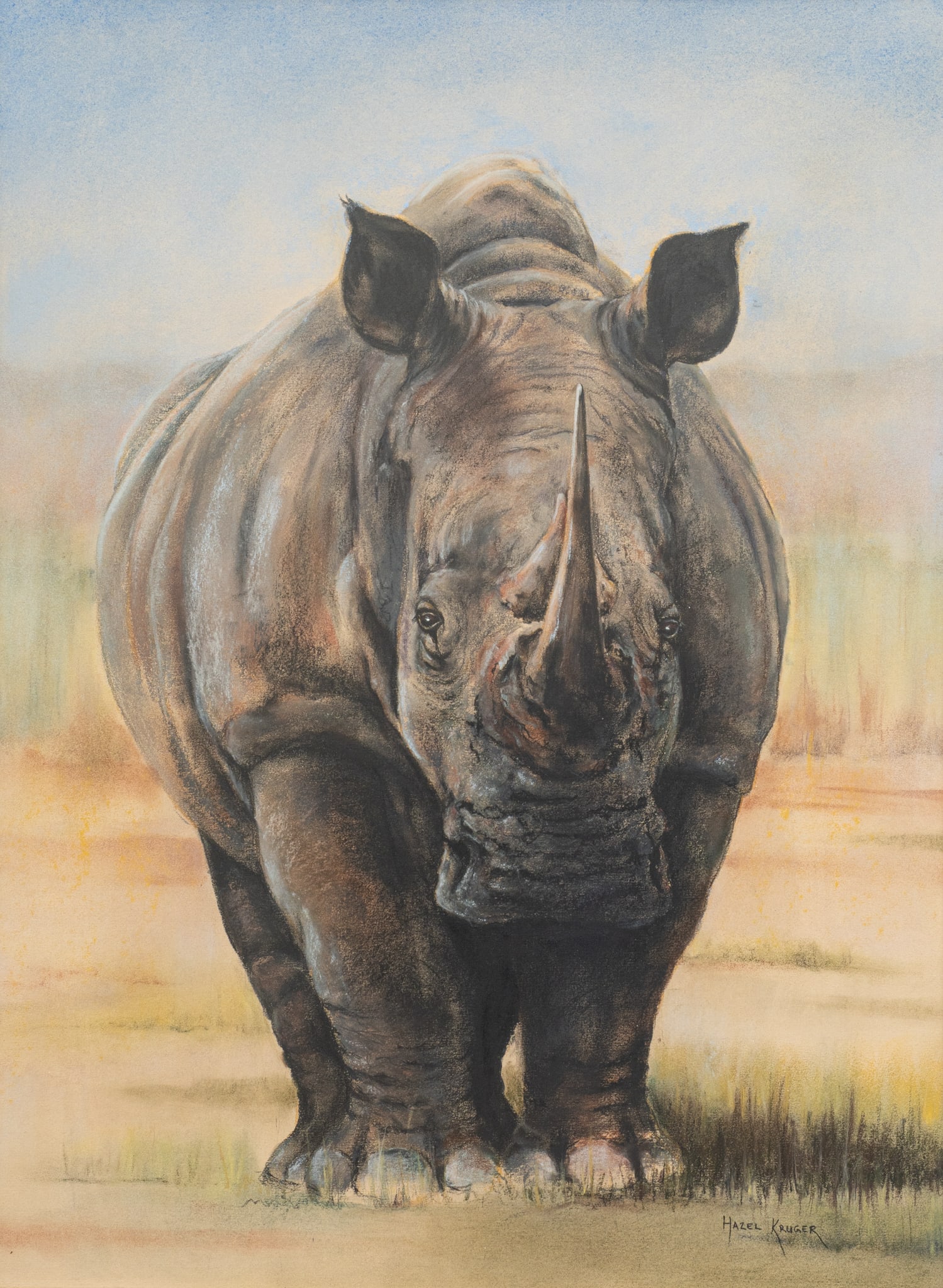 Hazel Kruger, White Rhinoceros Portrait: Hazel Kruger (South Africa, 20th-21st C.), white rhinoceros portrait from a series of the African Big Five, pastel on paper, signed lower rightsight: 29 x 22 in., frame: 32 x