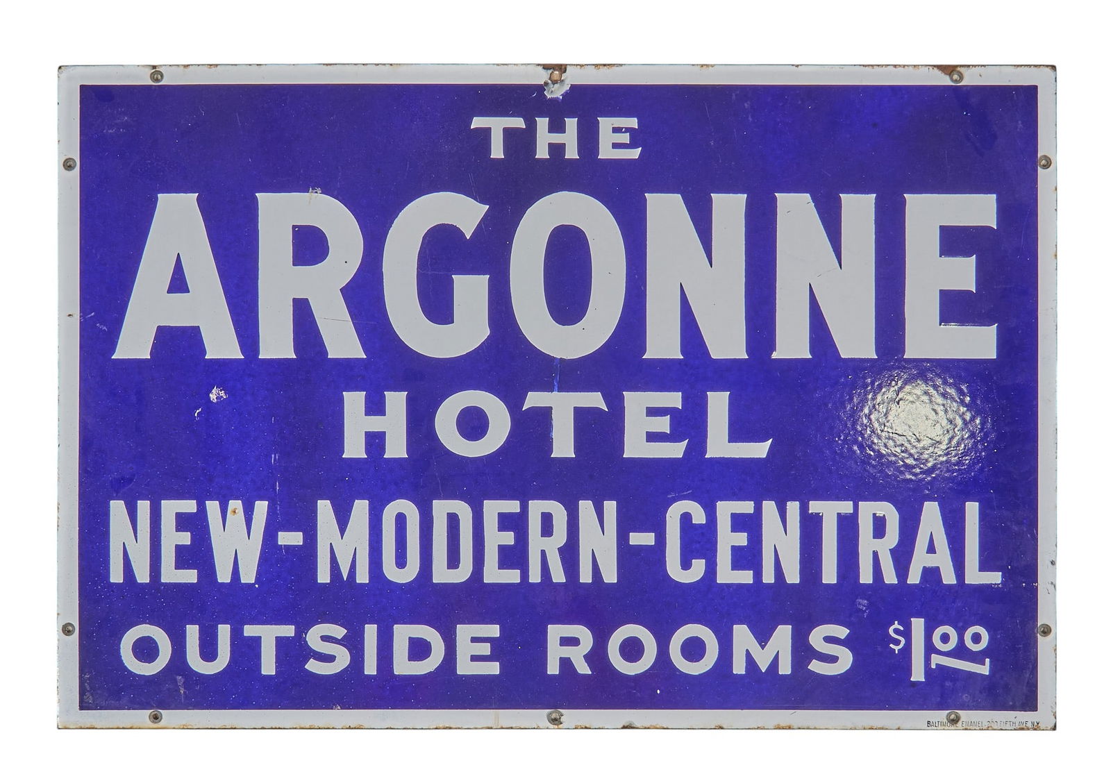 Vintage Argonne Hotel Enameled Sign: Vintage Argonne Hotel (Lima, Ohio) single-sided enamel on metal sign, circa 20th century height 20 in. x width 30.5 in.Provenance: Property from a home in Azle, Texas