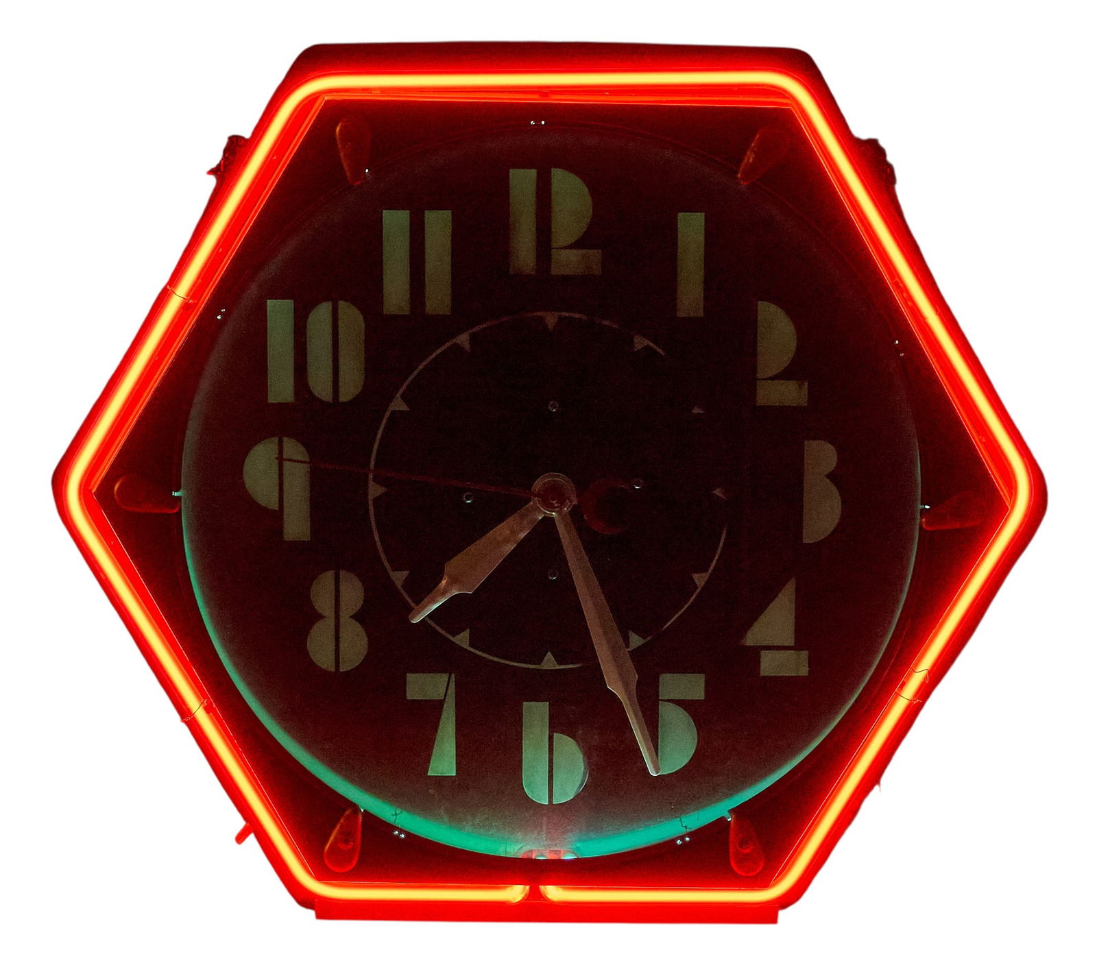 Art Deco Style Neon Clock: Vintage Art Deco style hexogonal neon clock, in working condition height 20 in. x width 23 in. x depth 7 in. Provenance: Property from a home in San Antonio, Texas 