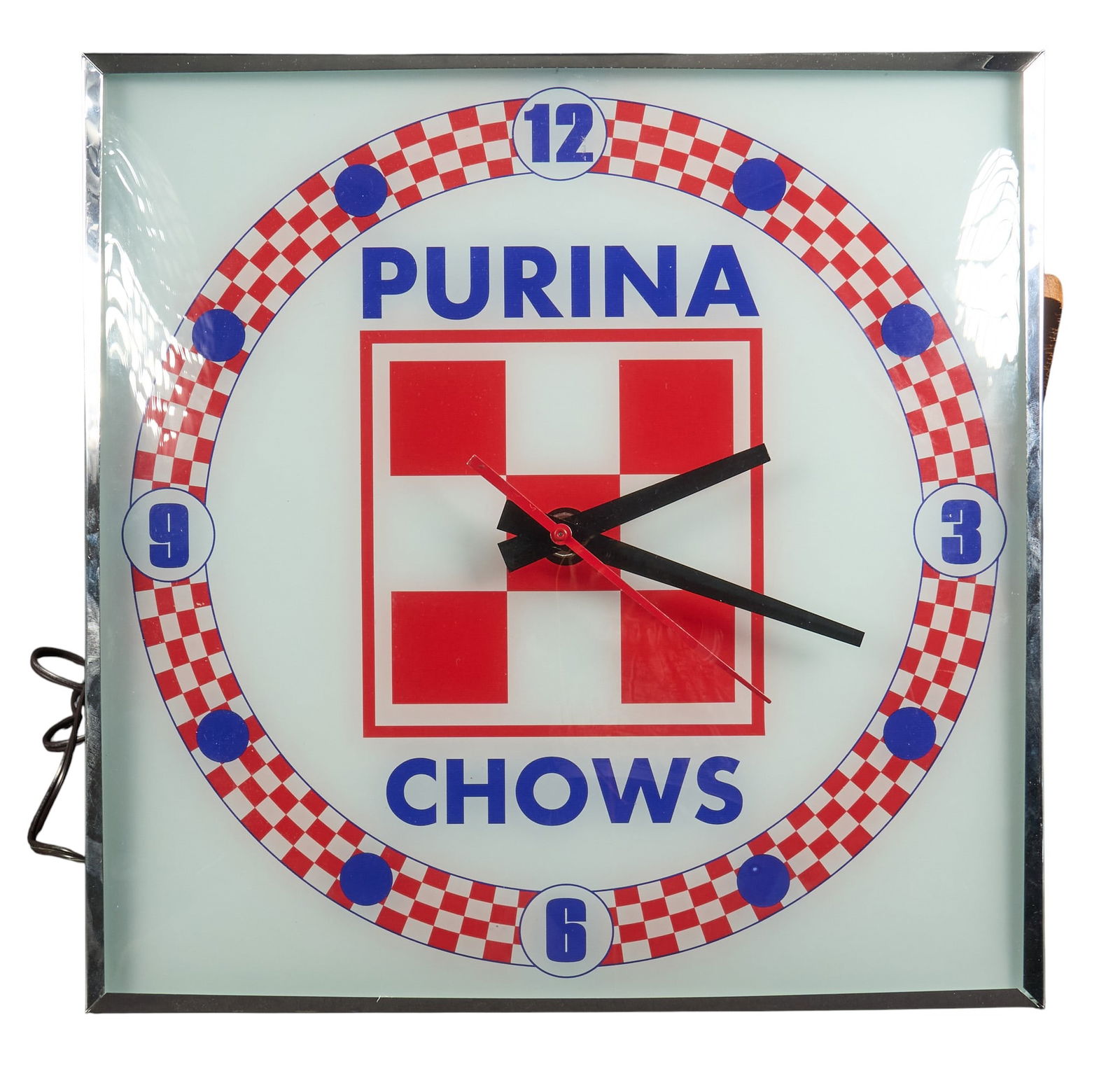 Purina Chows Pam Clock: Purina Chows Pam backlit clock, reconditioned and face replaced, in working orderheight 15.5 in. x width 15.5 in. x depth 3 in.Provenance: Property from a home in Seguin, Texas