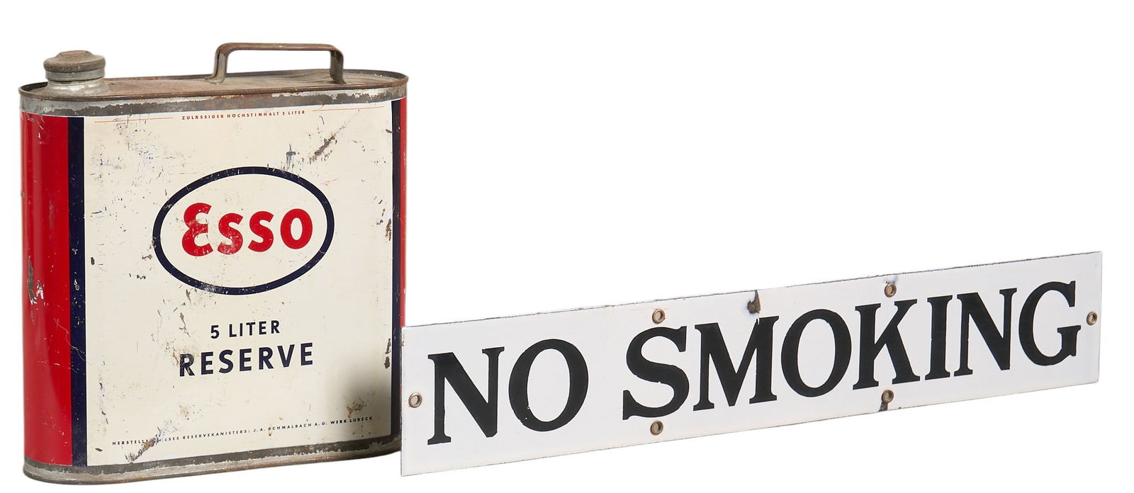 Vintage Sign and Can: Esso 5 liter reserve can, circa 1940s, and porcelain No Smoking sign, circa 20th century can: height 11 in. x width 11 in. x depth 3.5 in.sign: 24.5 x 4 in.Provenance: Property from a