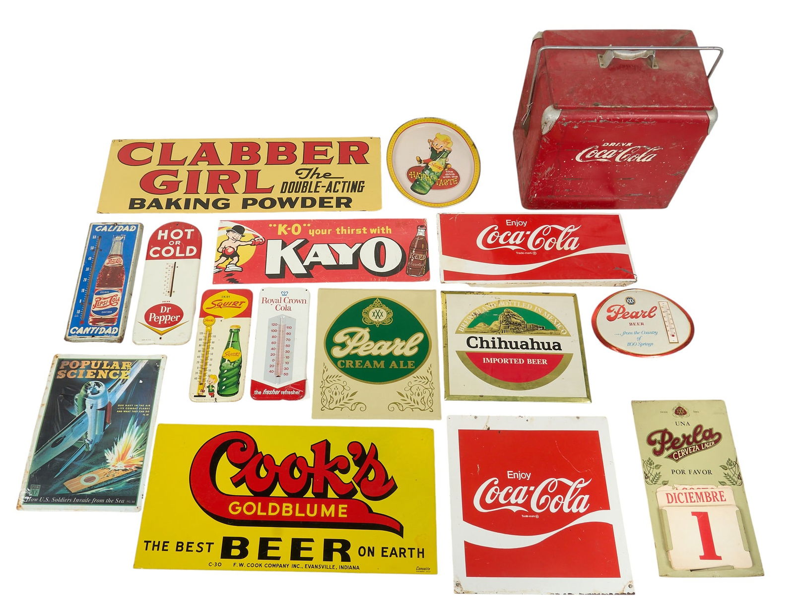 Collection of Vintage Misc. Beverage Signage and Cooler: Collection of vintage beverage items, with various painted metal signs for brands including Kayo, Peal Brewery, Royal Crown Cola, Cook's Cola and Coca-Cola, and one metal Coca-Cola cooler with