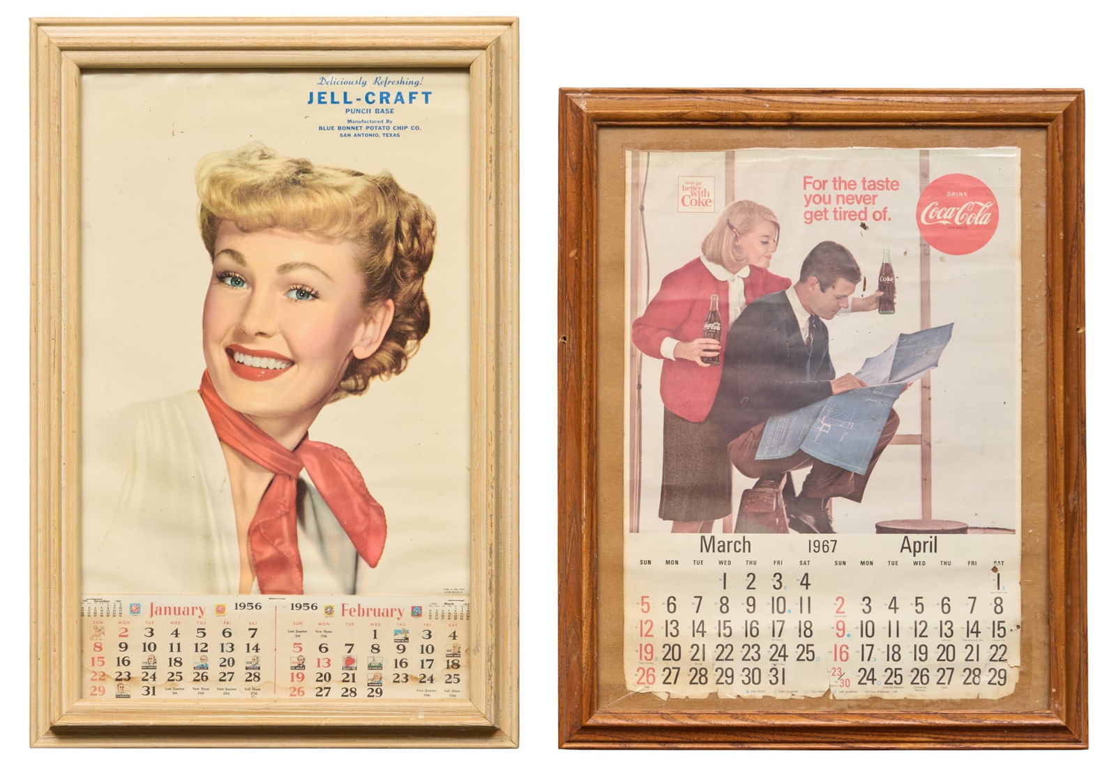 (2) Framed Vintage Advertising Calendars: Two framed vintage advertising calendars, with one Jell-Craft calendar from 1956, and the other a Coca-Cola calendar from 1967height 22 in. x width 15 in. x depth 1.5 in. / largestProvenance: