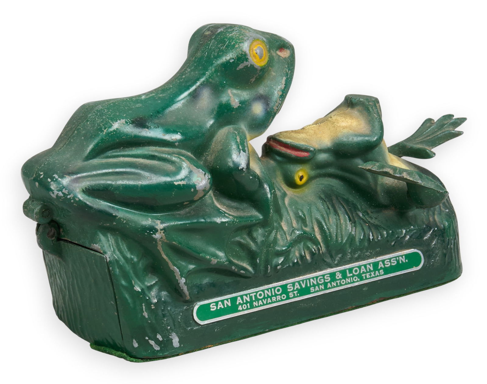 San Antonio Savings Association Frog Coin Bank: Vintage painted cast iron San Antonio Savings and Loan Association coin bank with frog design, circa 1940-1950height 5.5 in. x width 9 in. x depth 3.5 in. Provenance: Property from a home in San