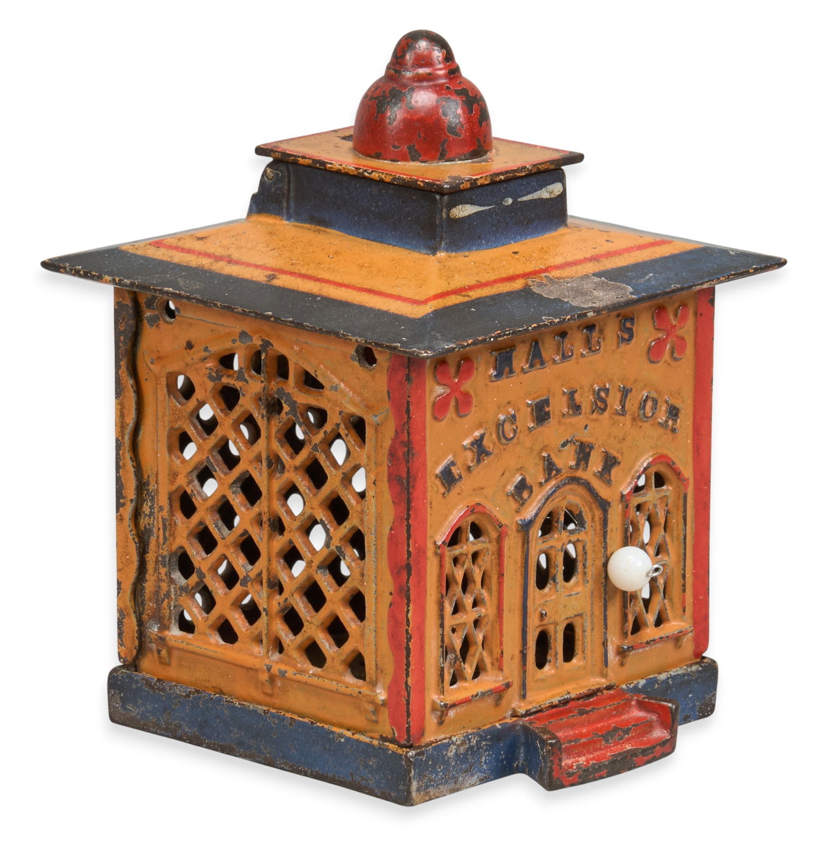 J & E Stevens Halls Excelsior Mechanical Bank: J & E Stevens Company Halls Excelsior articulated cast iron coin bank, with figure who appears at the top when a coin is depositedheight 5.5 in. x width 4 in. x depth 4 in. 