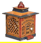 J & E Stevens Halls Excelsior Mechanical Bank: J & E Stevens Company Halls Excelsior articulated cast iron coin bank, with figure who appears at the top when a coin is depositedheight 5.5 in. x width 4 in. x depth 4 in.