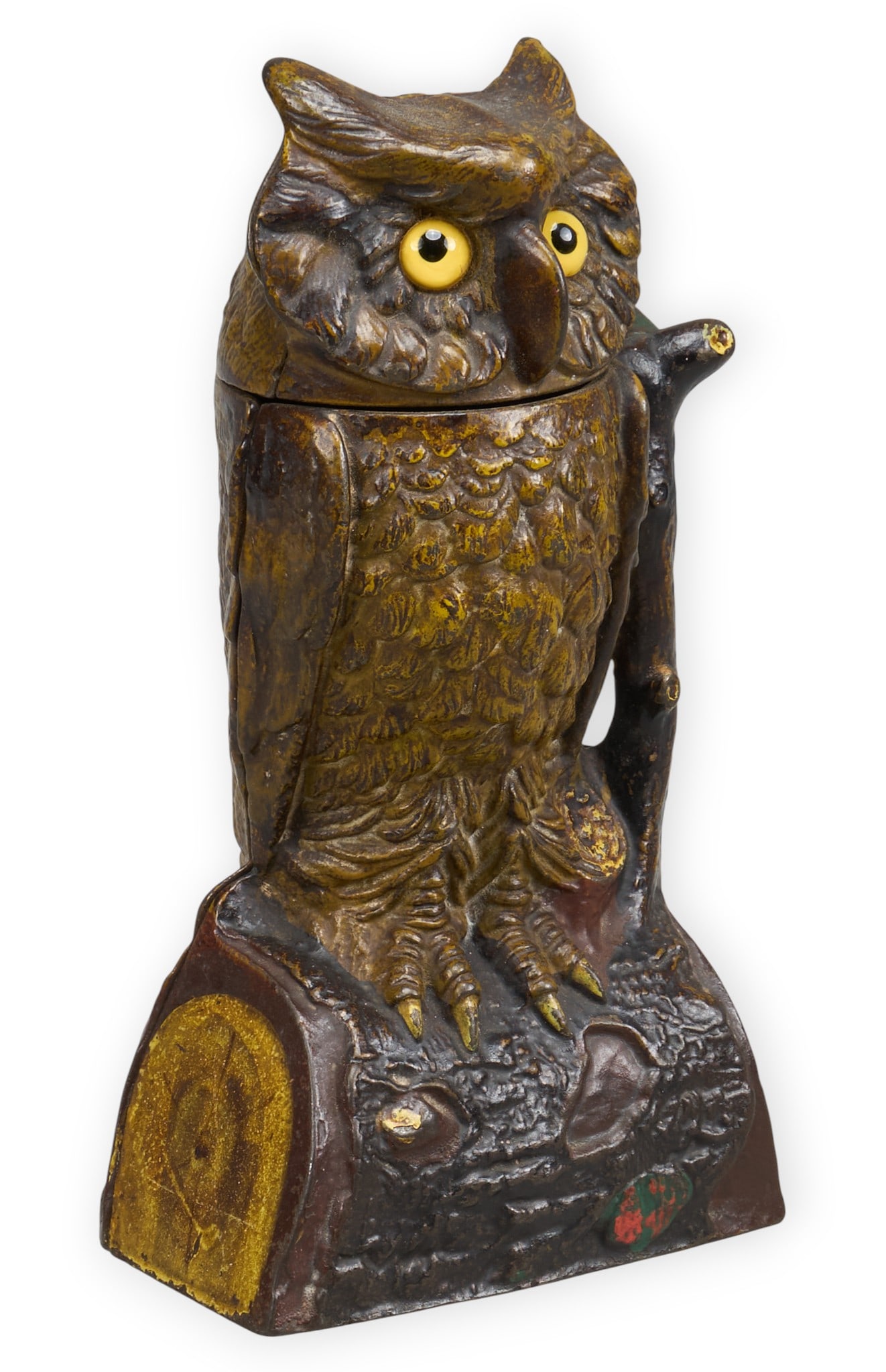 "Owls Turn Head" Coin Bank: Articulated cast iron coin bank featuring owl motif with swiveling head, manufactured by J & E Stevens Company, circa 1880height 7.5 in. x width 4 in. x depth 3 in. Provenance: Property from