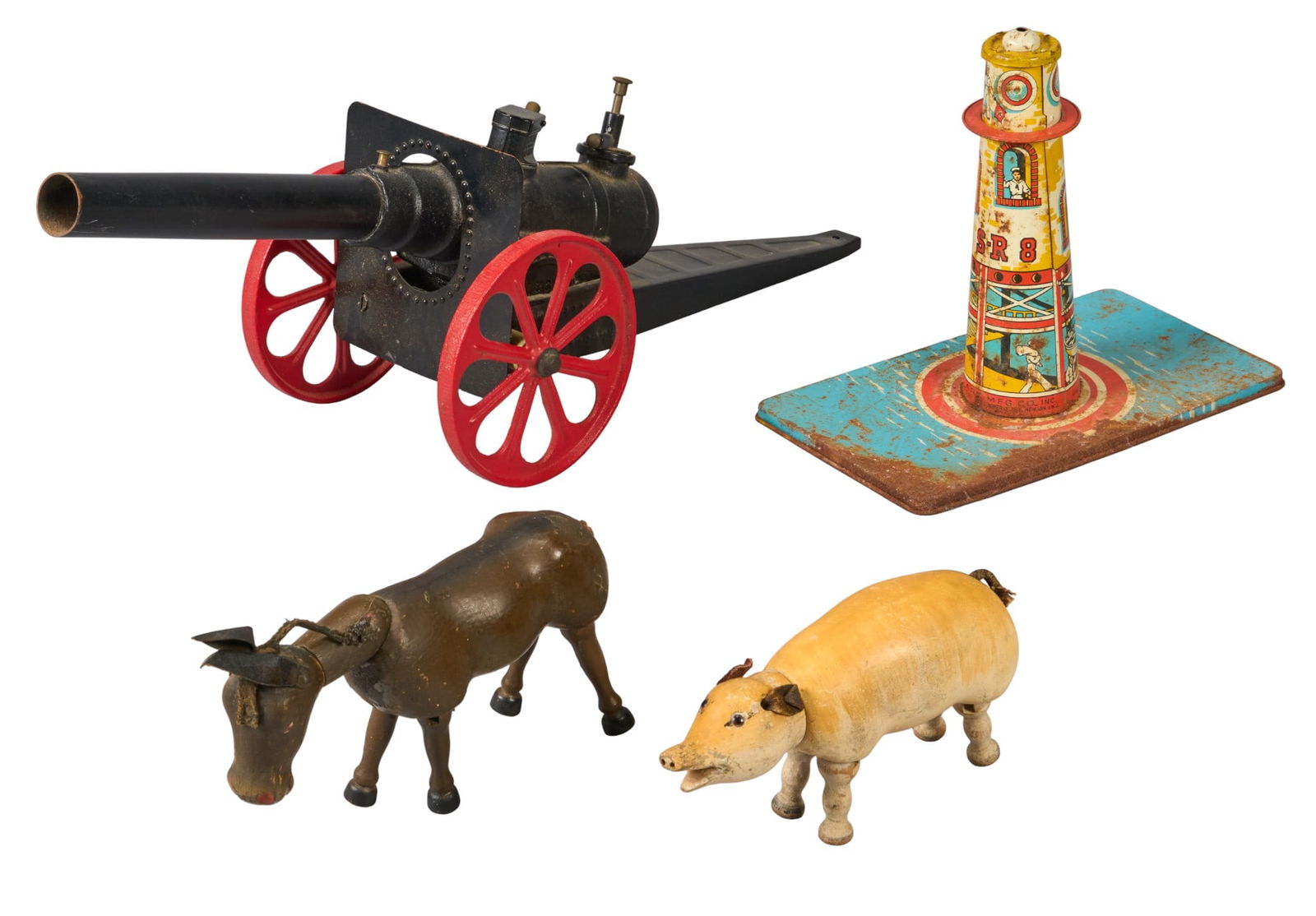 Vintage Toy Collection: Schoenhut Animals, Cannon, Sky Rangers: Collection of four vintage toys, with two Schoenhut Humpty Dumpty Circus animals, a Big Bang Cannon, and a Sky Rangers tin lithograph toyProvenance: Property from a home in San Antonio, Texas