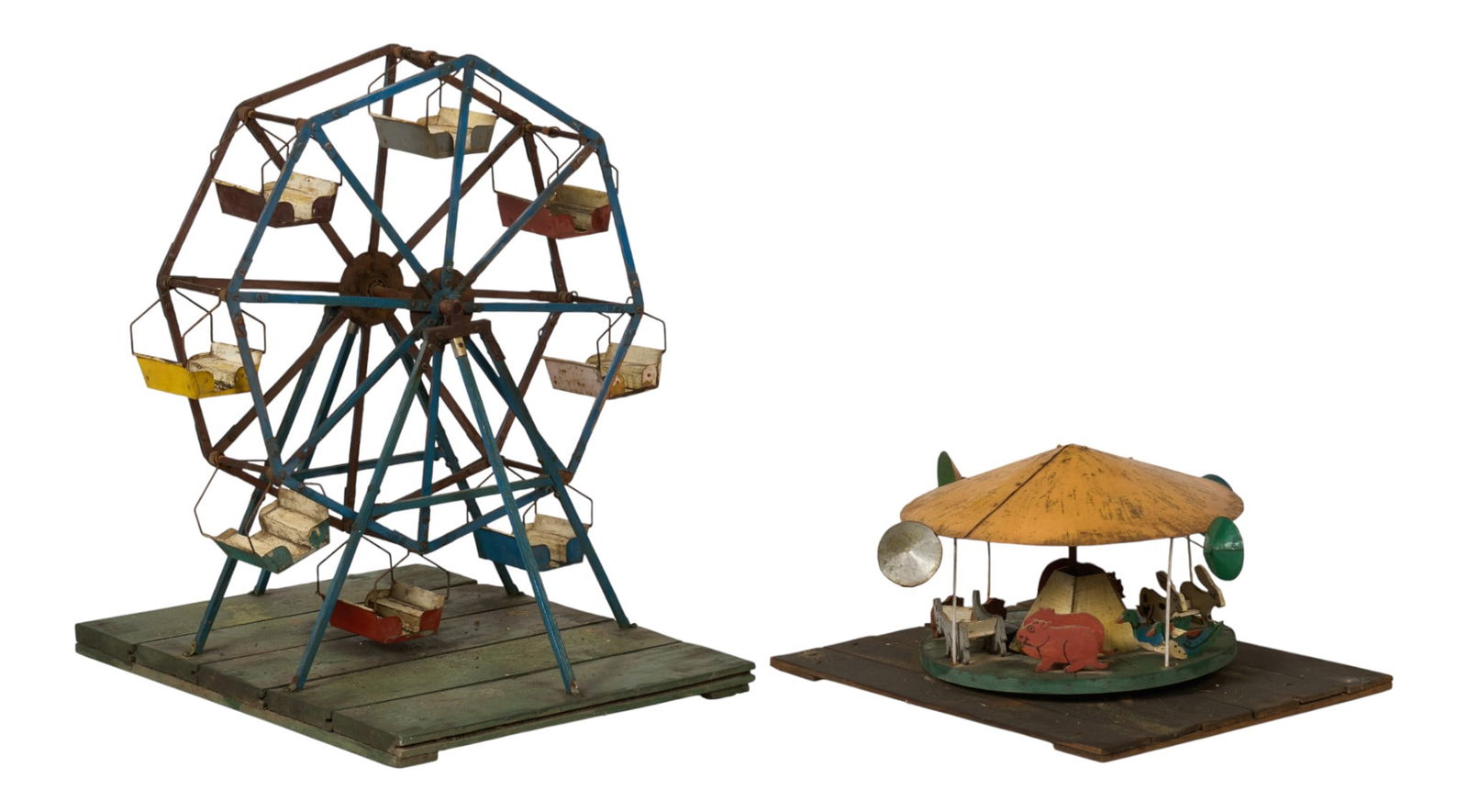 (2) Metal Toys: Two carnival themed rustic metal toys height 27 in. x width 25 in. x depth 25 in. / largest