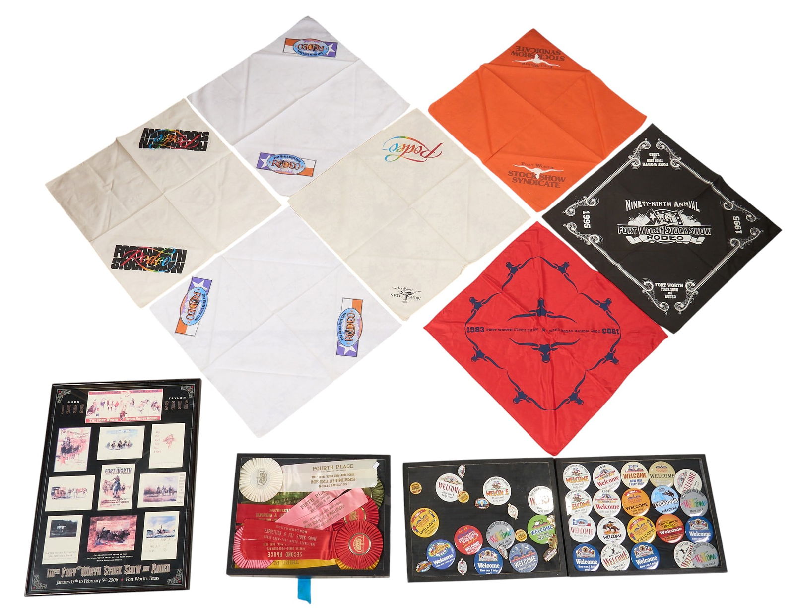 Southwestern Exposition and Fat Stock Show Collection: Collection of Southwestern Exposition and Fat Stock Show memorabilia, with ribbons, buttons, and bandanaslength 22 in. x width 16 in. x depth 1 in. / largestProvenance: Property from a home in