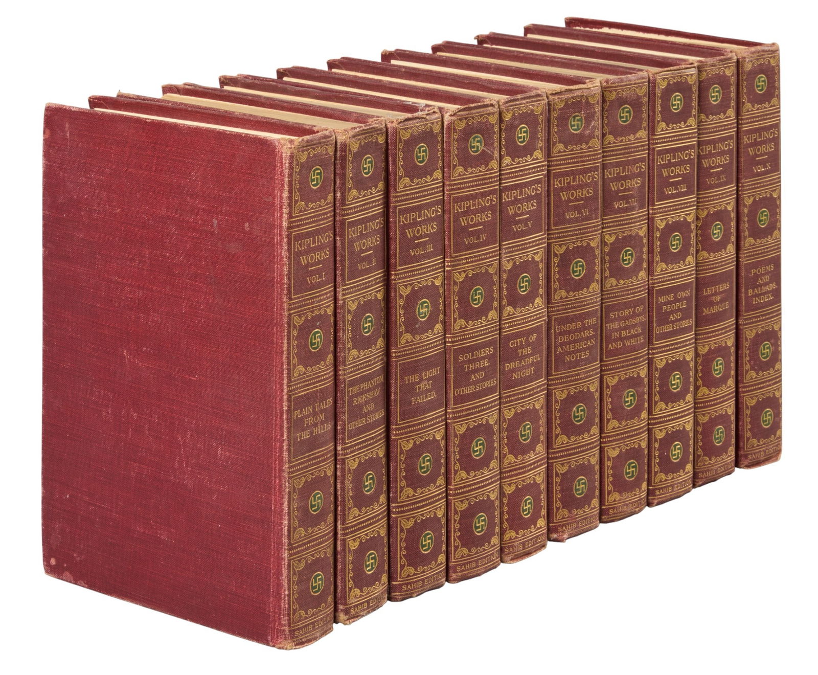 Kipling's Works, 8 Volumes: Eight volumes of Kipling's Work, red clothbound hardcovers with gilt lettering and decorative elements on the spinesheight 8.5 in. x width 6 in. x depth 1.5 in. / each volume Provenance: