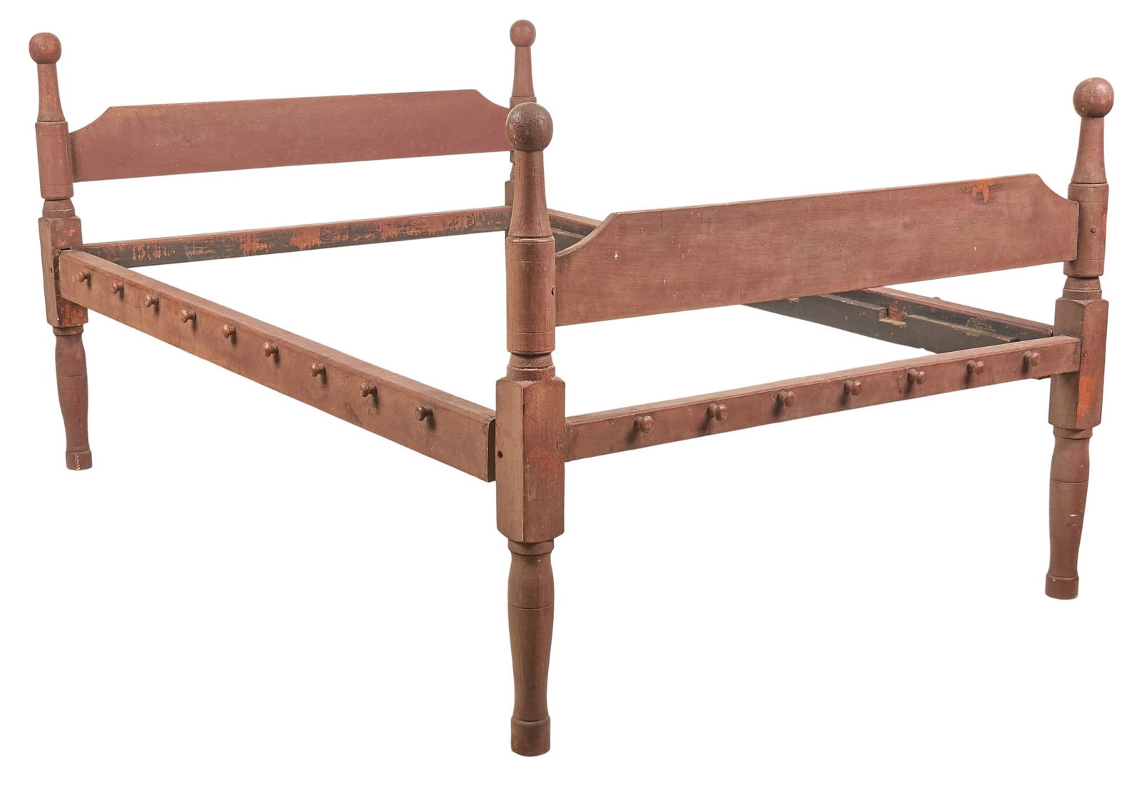 Rustic Bedframe: Vintage rustic bedframe with turned legsheight 42 in. x width 58 in. x depth 80 in. Provenance: Property from a home in Comfort, Texas 