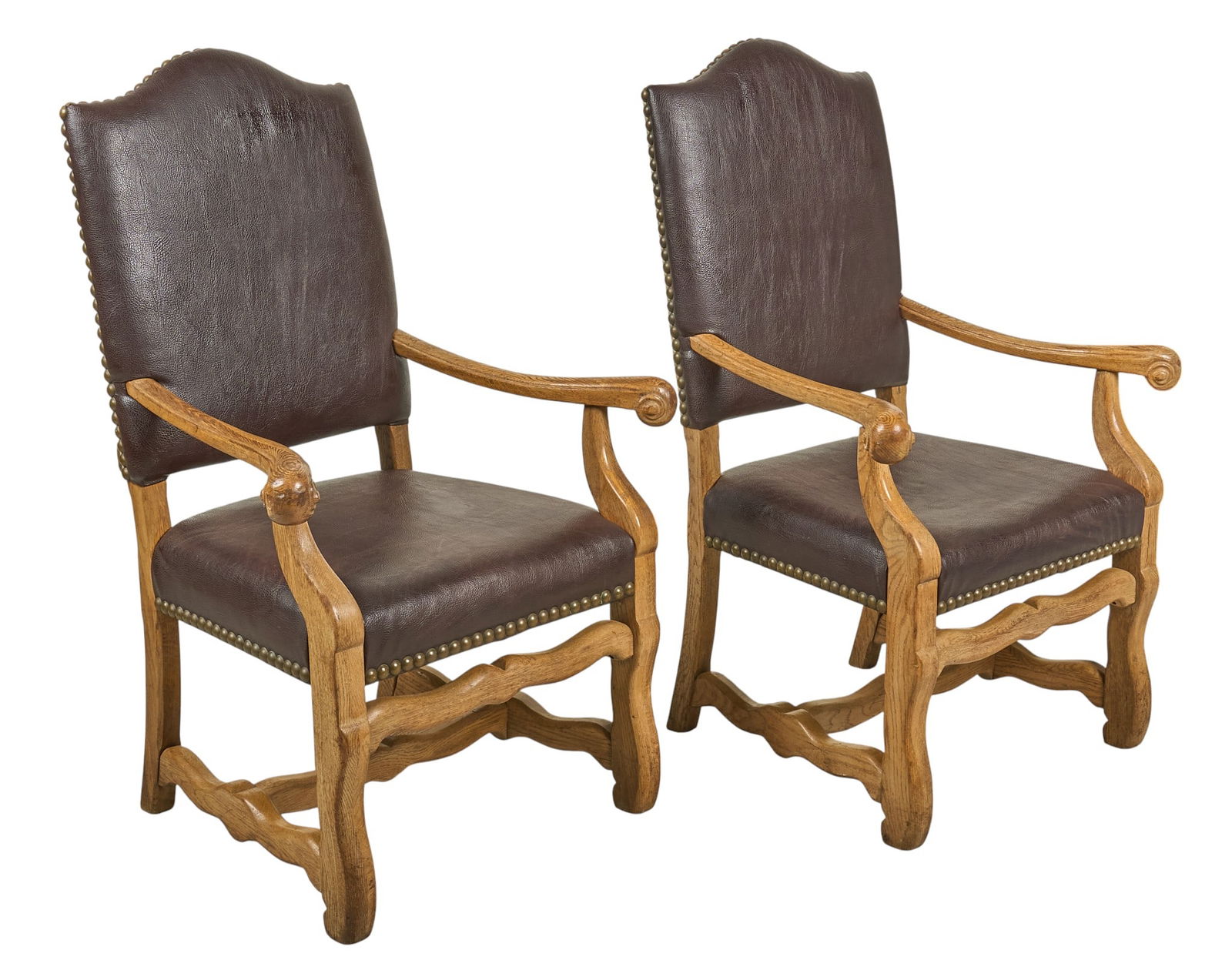 Pair of Henredon Leather Chairs: Pair of Henredon chairs with tartan and brown leather upholstery with nailhead trimheight 46 in. x width 30.5 in. x width 27 in. / eachProvenance: Property from a home in San Antonio, Texas 