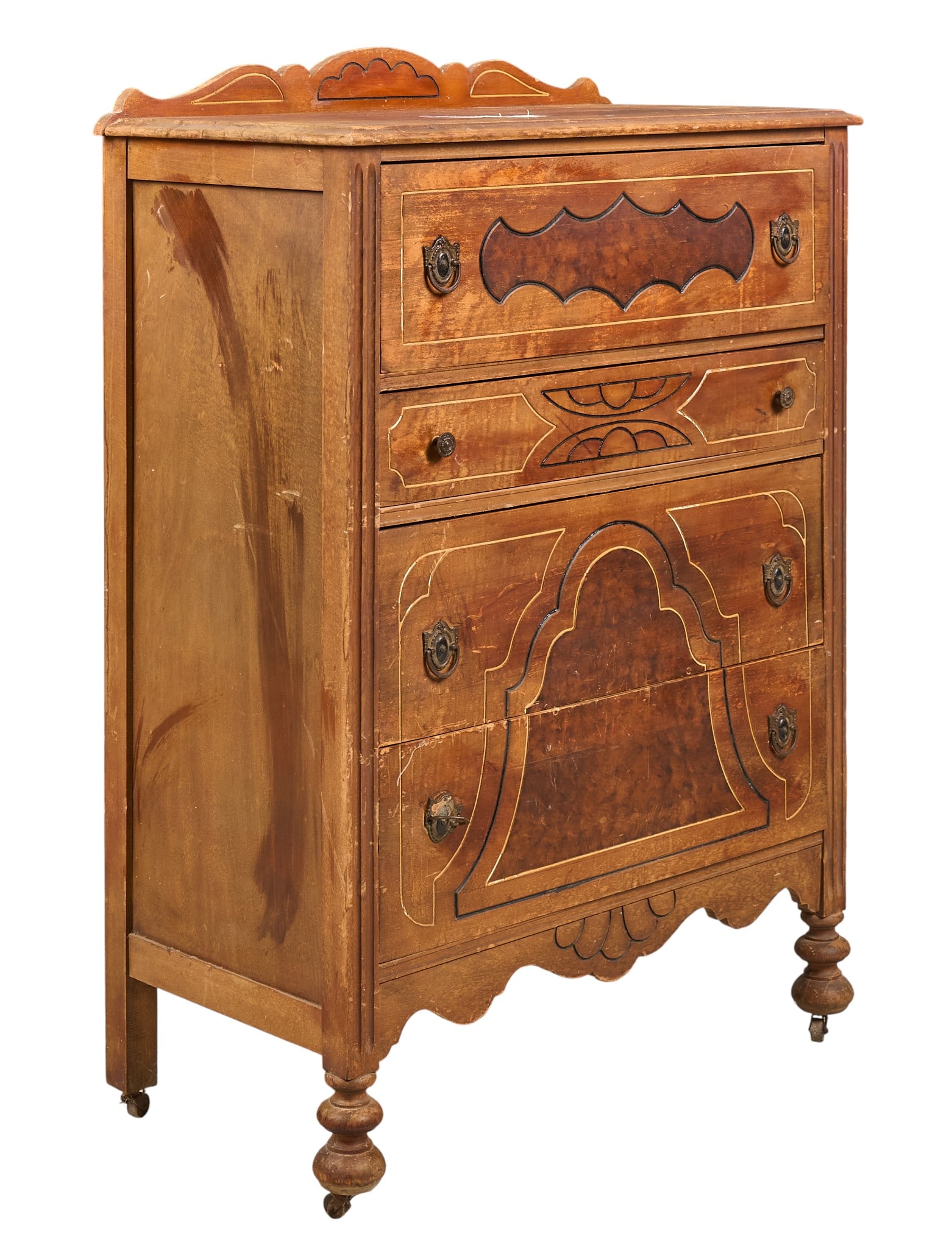 Rustic Dresser: Rustic dresser with five inlaid drawers, supported on turned feetheight 50 in. x width 34 in. x depth 18.5 in. Provenance: Property from a home in San Antonio, Texas