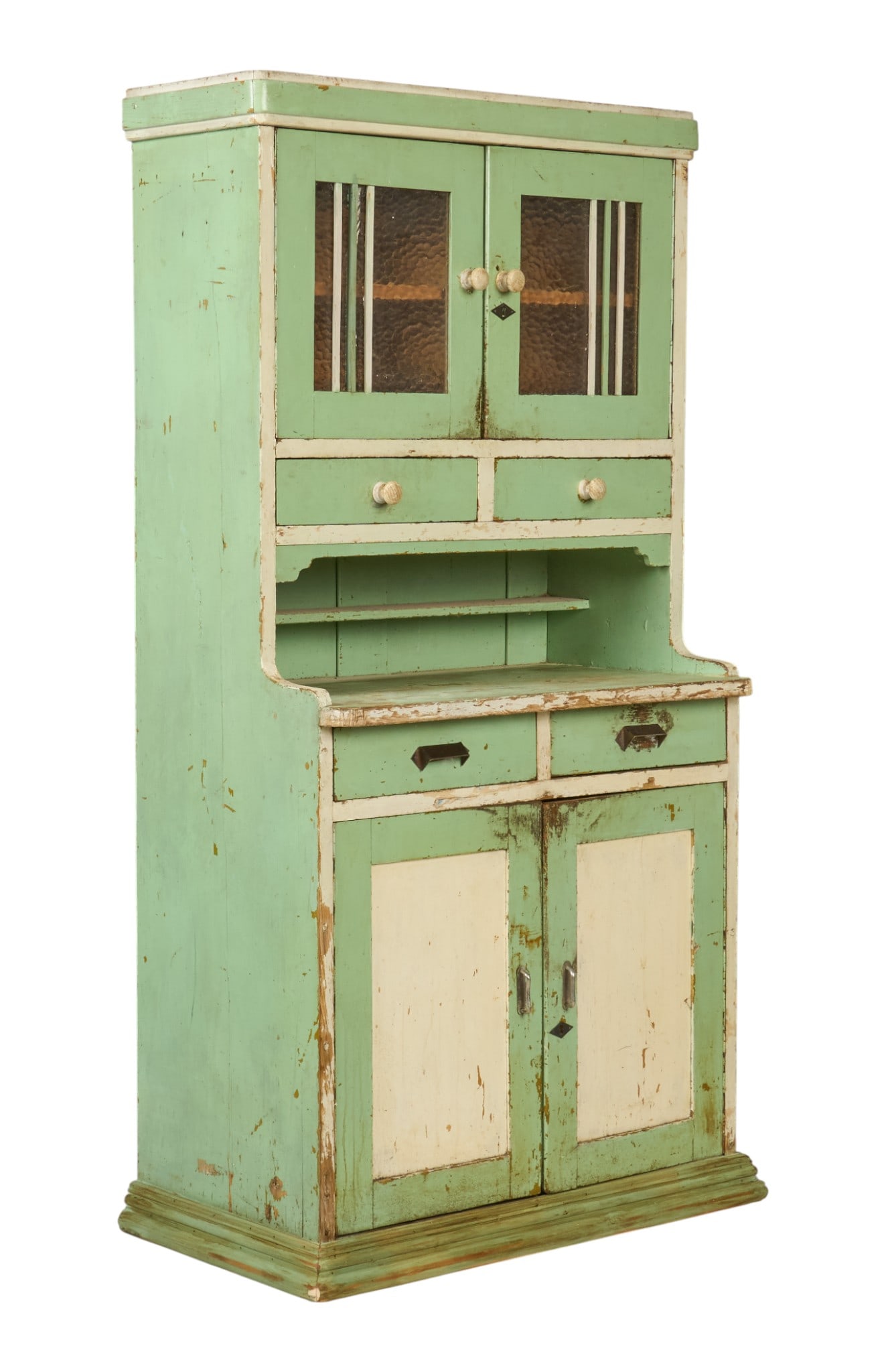 Rustic Kitchen Cabinet: Rustic wooden kitchen cabinet with upper, and lower pair of cabinet doors, and four drawers, with distressed teal and white paintheight 69.5 in. x width 36.5 in. x 20 in.