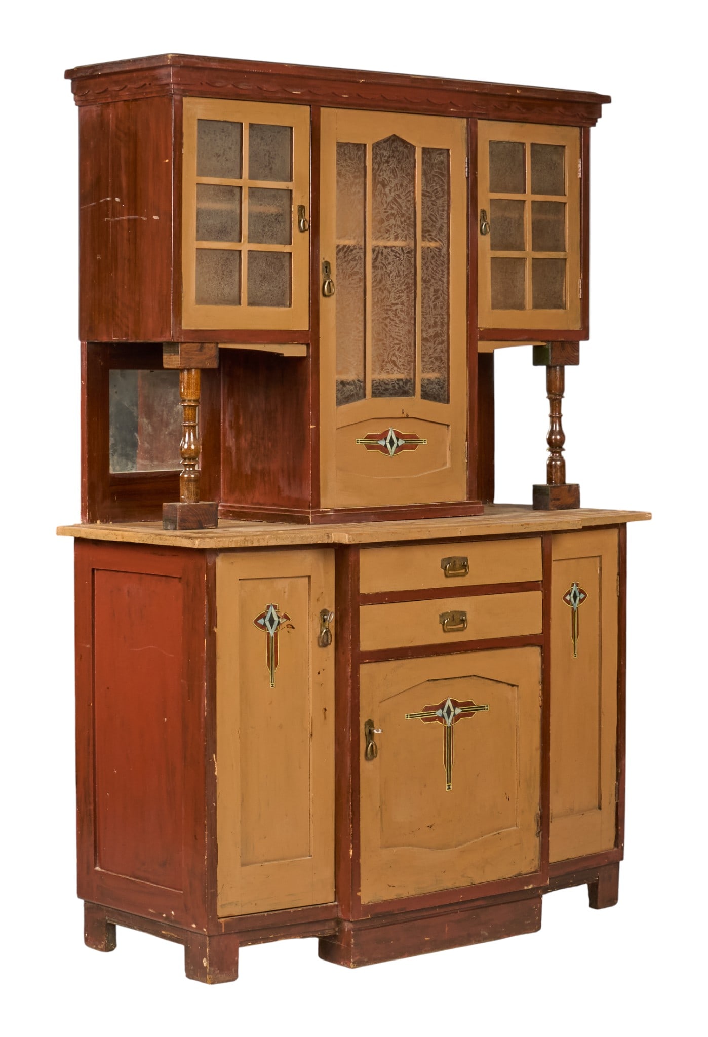 Painted Hutch Cabinet: Painted rustic hutch cabinet with a two-tone finish, glass-fronted cabinets, drawers and bottom cabinetsheight 77 in. x width 54 in. x depth 24 in. 