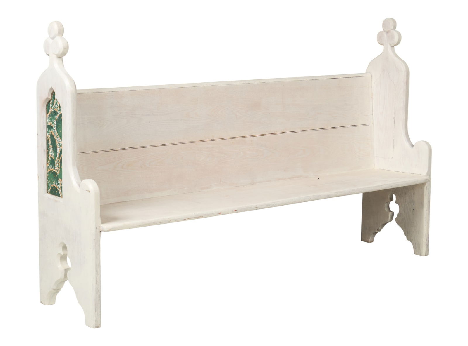 Church Pew with Brad Braune Wallpaper: Painted wooden church pew with decorative cutouts and cactus-themed wallpaper inserts by Brad Brauneheight 48 in. x wdith 79 in. x depth 19 in. Provenance: Property from a home in Bandera, Texas