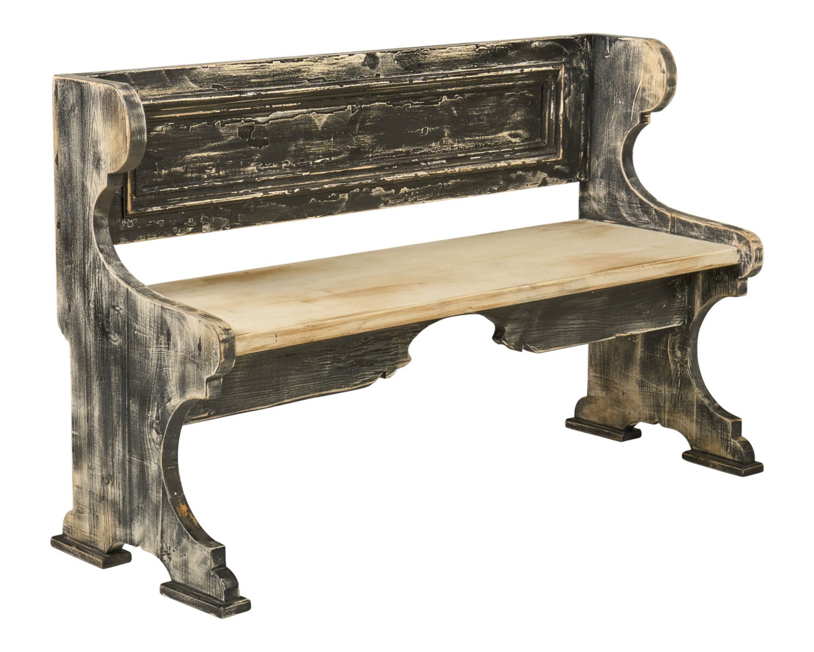 Rustic Bench: Rustic wooden bench with distressed black and white paint height 34.5 in. x width 54 in. x depth 20 in.