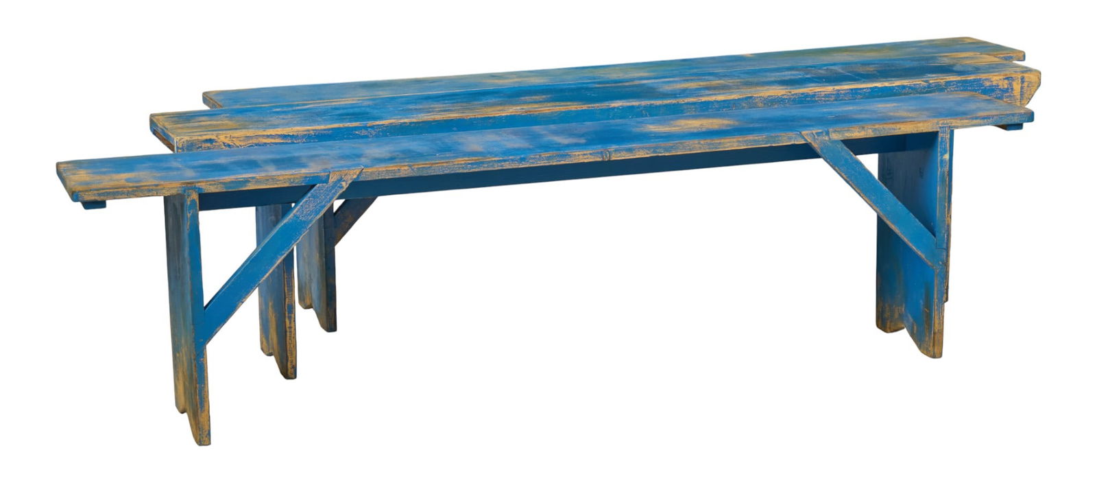 (3) Rustic Benches: Three rustic benches with blue paint finishheight 19 in. x width 73 in. x depth 10.5 in. / largest 