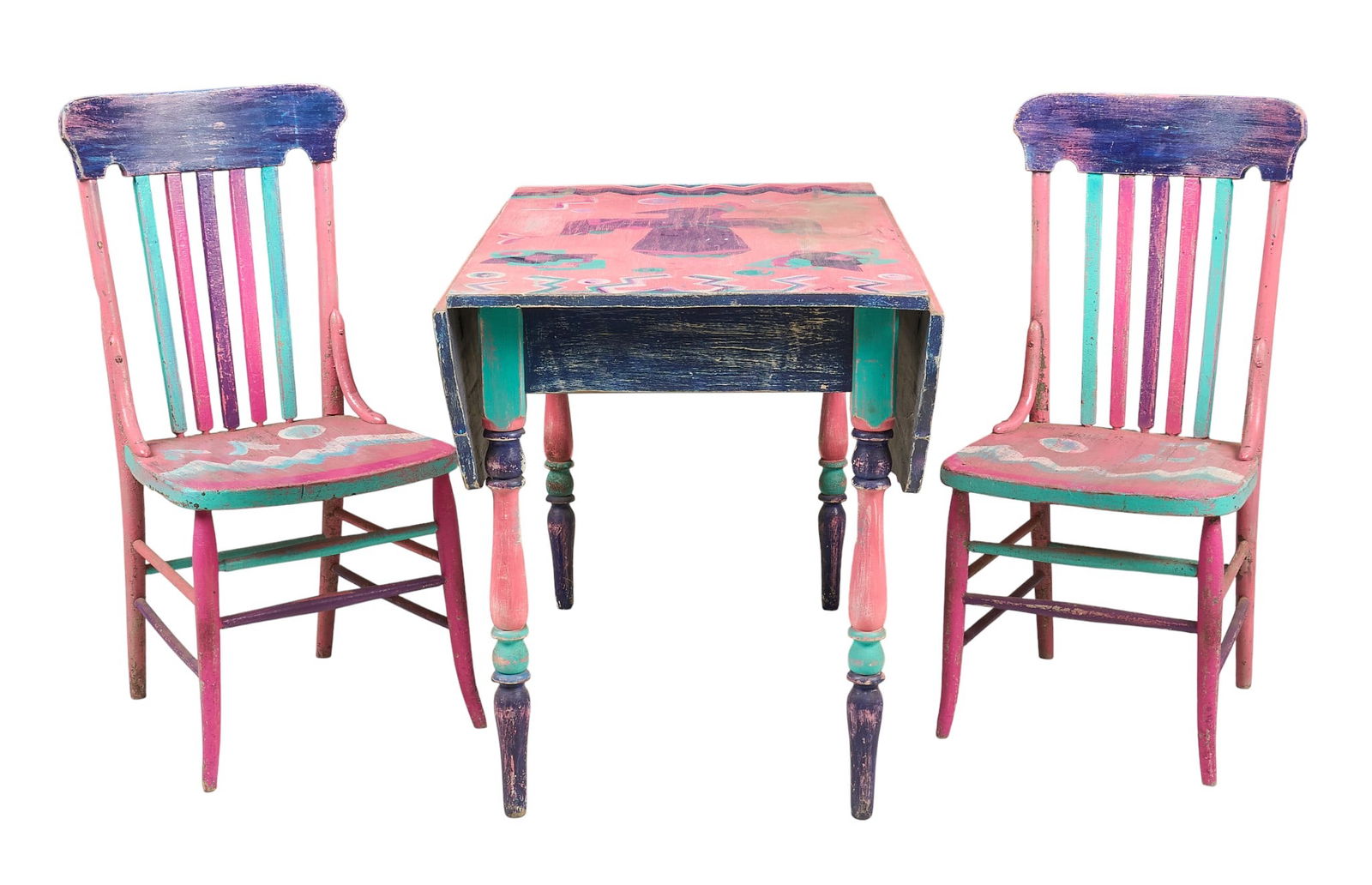Southwestern Style Folk Art Table Set: Vintage Southwestern style table and pair of chairs, painted with Navajo style decoration, signed and dated by "Marny, 1989"height 37 in. x width 18 in. x depth 18 in. / each chairheight 30