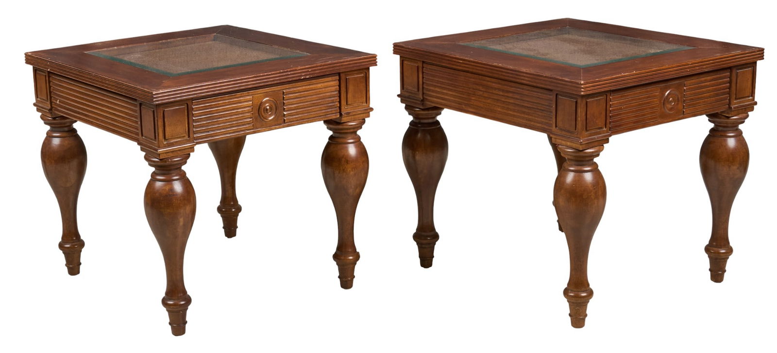 Pair of Sidetables: Pair of vintage side tables with inset glass plate on top, and single drawer, on turned legs height 25 in. x width 26 in. x depth 28 in. /