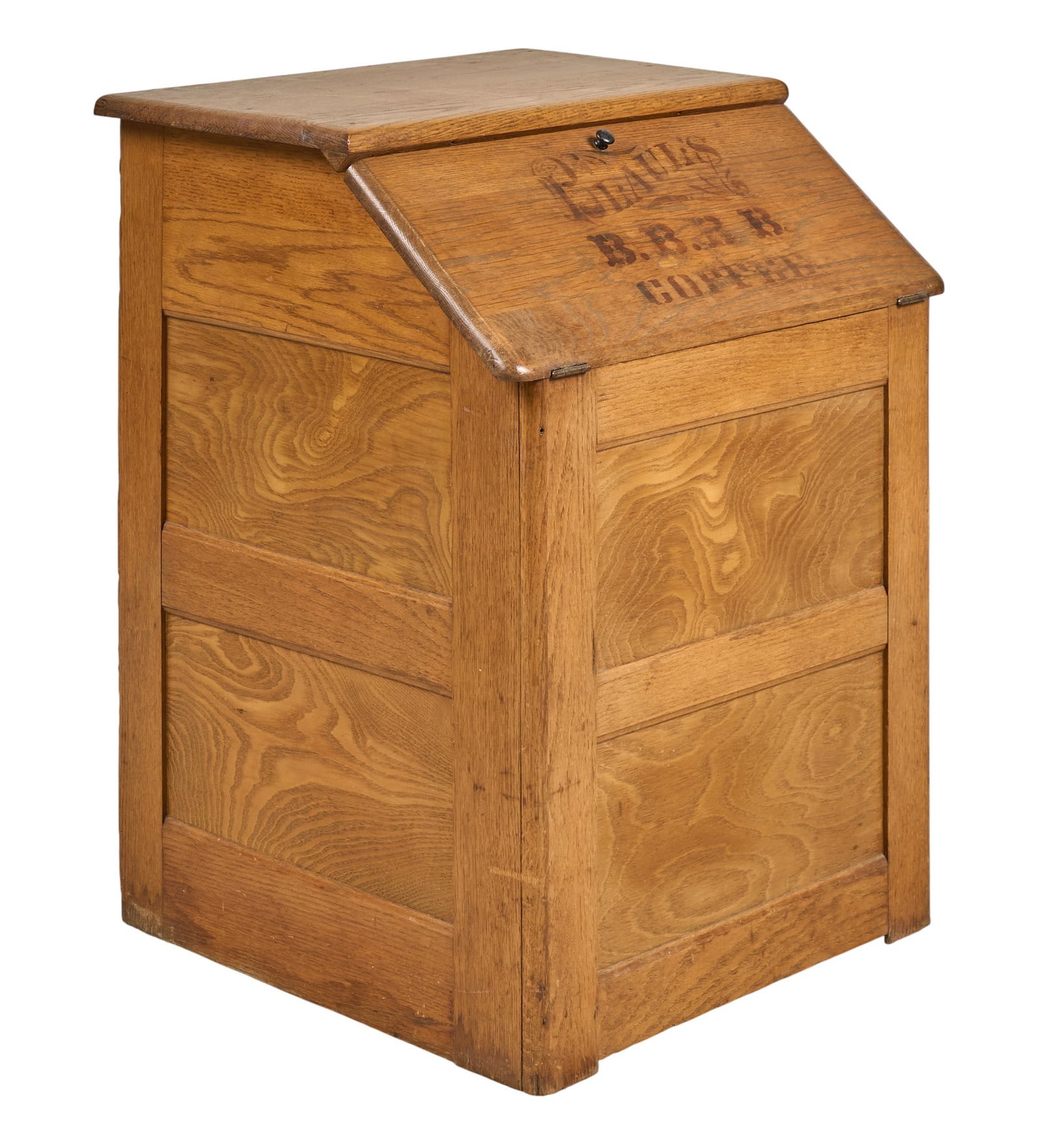Vintage Coffee Bean Bin: Vintage coffee bean storage been, marked "Blaul's B.B.B.B. Coffee"height 32 in. x width 24 in. x depth 23 in. Provenance: Property from a home in Goldwaithe, Texas 