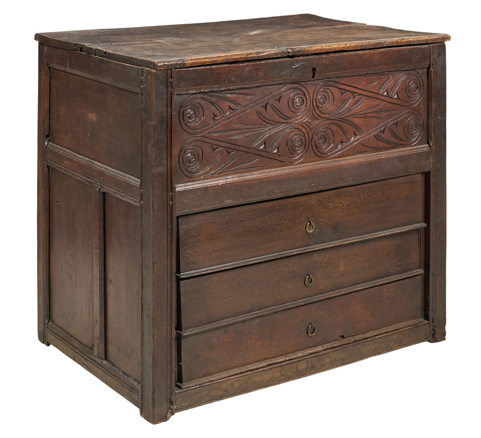 Mule Chest with Drawers: Mule chest featuring a hinged top, decorative carving on the front panel, and three drawersheight 32 in. x width 36.5 in. x depth 24 in. Provenance: Property form a home in San Antonio, Texas