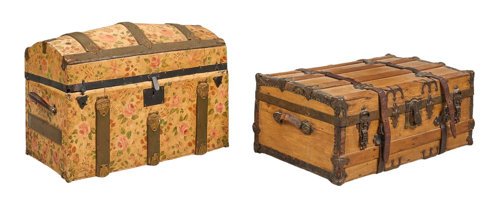 (2) Vintage Trunks: Two vintage trunks, with one covered in a floral paper lining, and other with metal trimheight 19 in. x width 31 in. x depth 16 in. / largest Provenance: Property from a home in Goldwaithe,