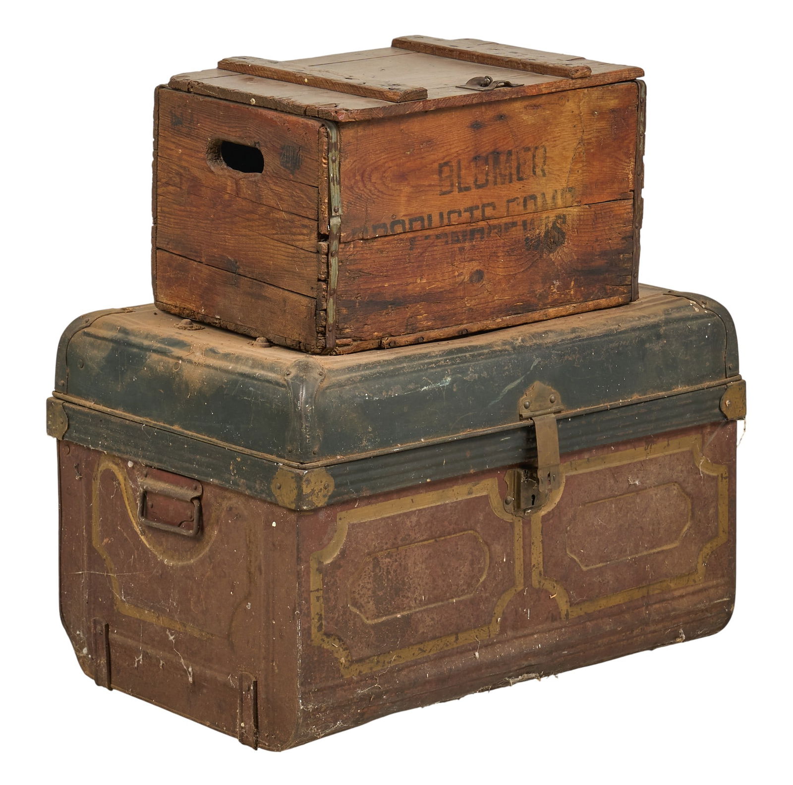 Vintage Create and Chest: One vintage wooden crate, and one vintage metal chestheight 17 in. x width 27 in. x depth 18.5 in. / largestProvenance: Property from a home in San Antonio, Texas