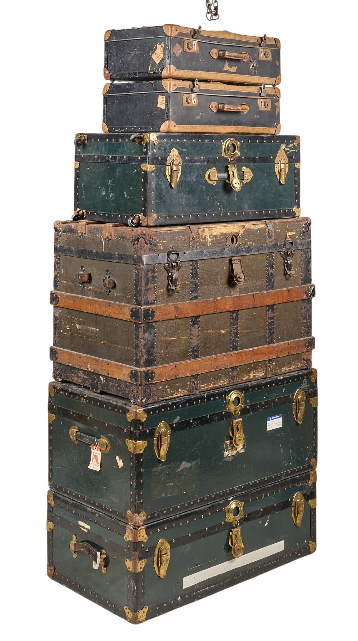 Collection of (6) Vintage Trunks: A collection of six vintage distressed trunks of varying sizes and stylesheight 23 in. x width 34 in. x depth 21 in. / largest Provenance: Property from a home in San Antonio, Texas 