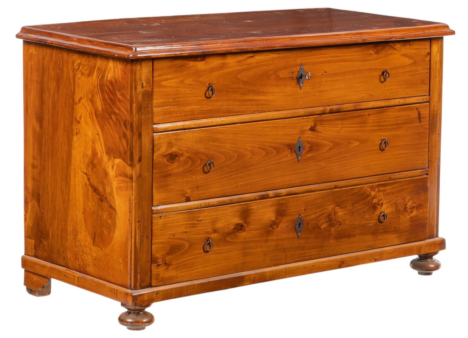 Chest of Drawers: Antique chest of drawers featuring three drawers with metal pulls and keyholes, raised on turned feetheight 32 in. x width 50 in. x depth 22.5 in.