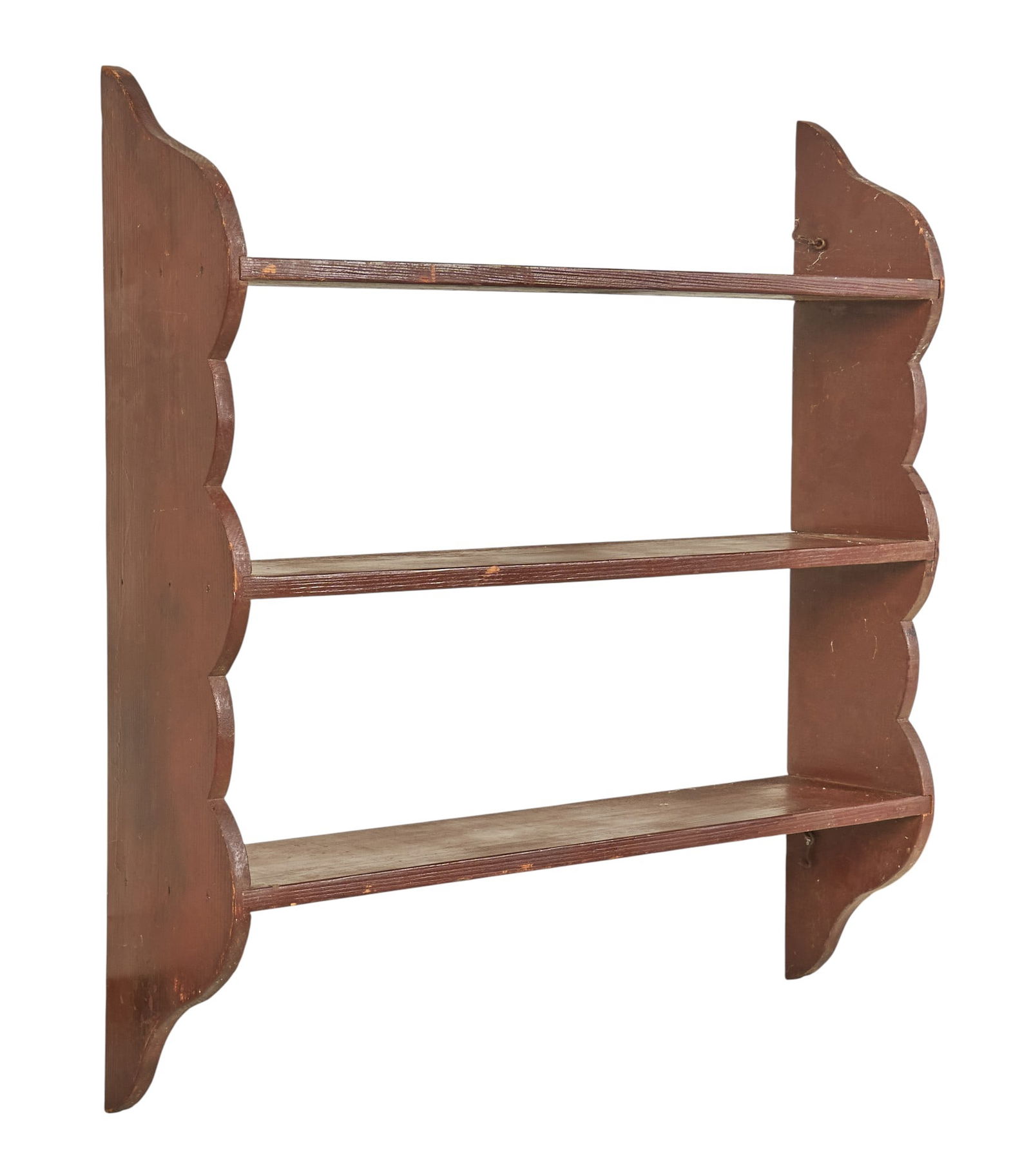 Rustic Wall Shelf: Rustic wall shelf rack with three shelves and brown paint finish height 35 in. x width 34 in. x depth 7.5 in. Provenance: Property from a home in San Antonio, Texas