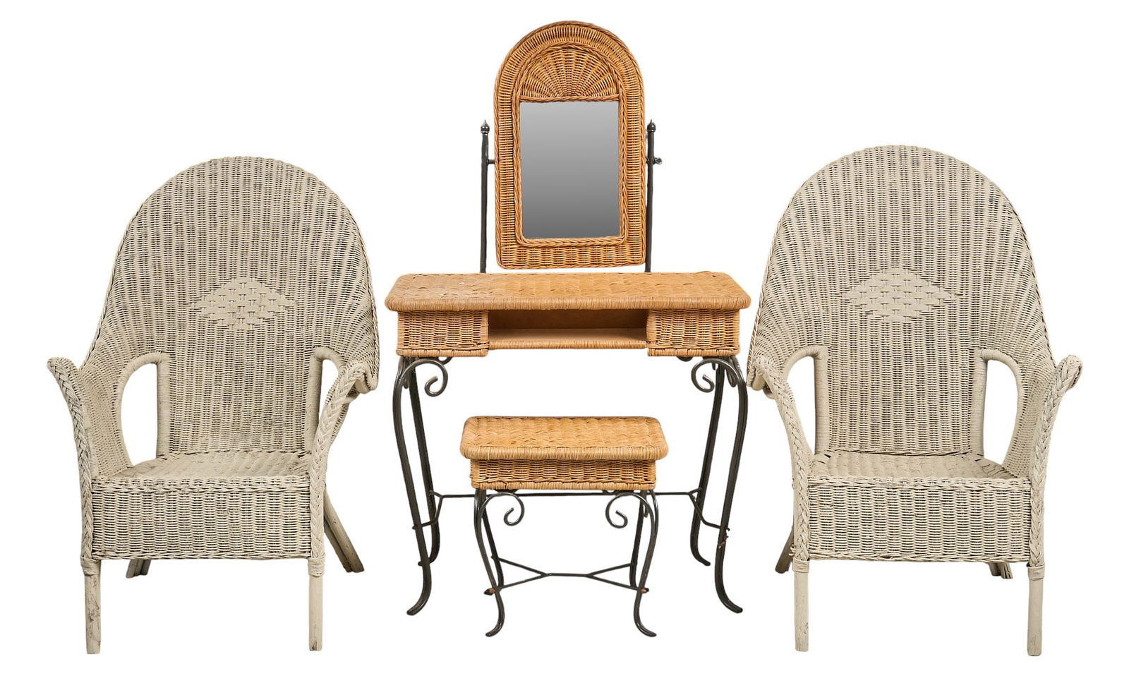(3) Pieces of Wicker Furniture: Collection of rustic wicker furniture, with one mirrored vanity with matching seat, and pair of chairs with white wash finish height 55 in. x width 33 in. x depth 19.5 in. / vanityProvenance: